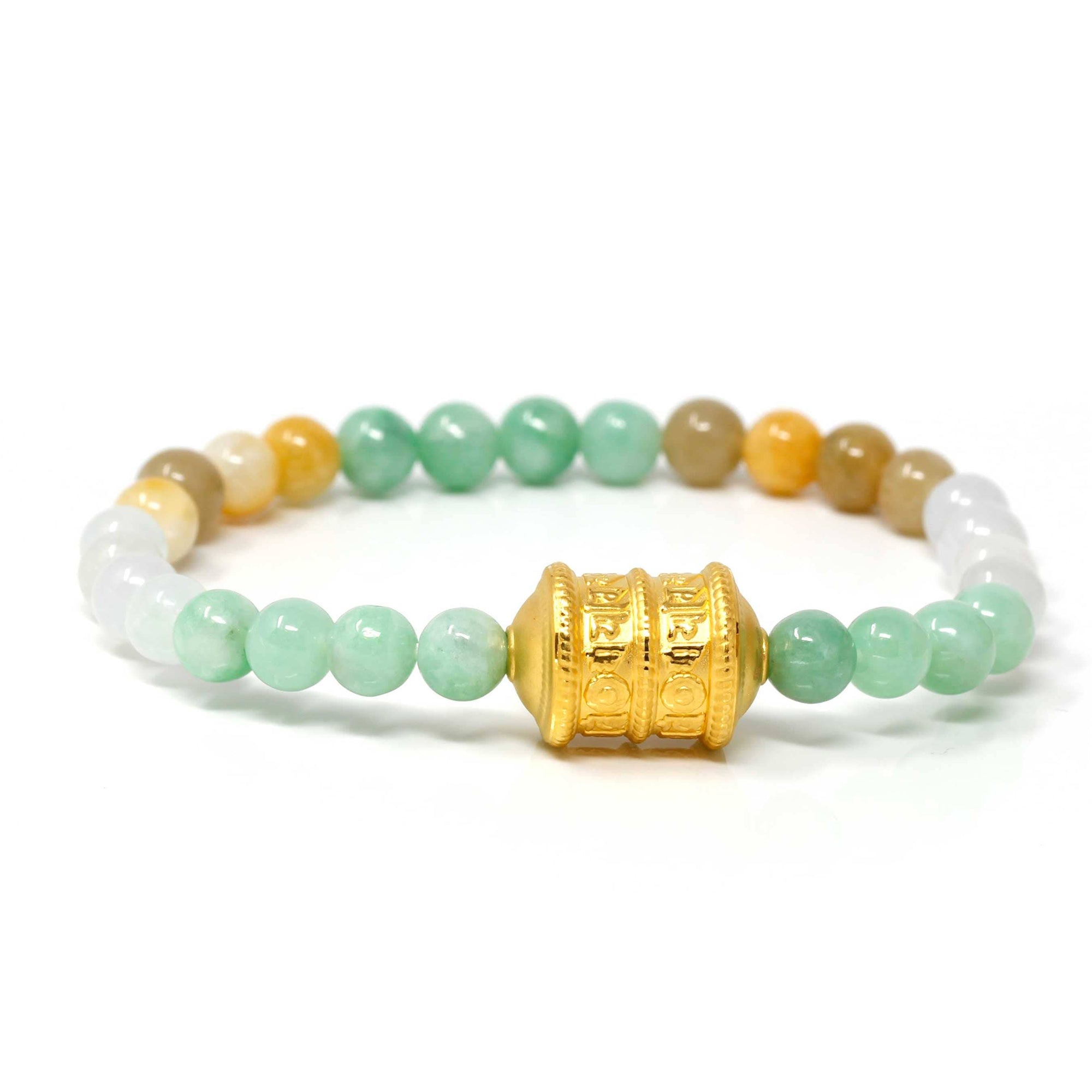 Baikalla Jewelry 24k Gold Jadeite Beads Bracelet Genuine High-quality Jade Jadeite Bracelet Bangle with 24k Yellow Gold Buddha Symbol ( Six Word Proverbs ) Charm 