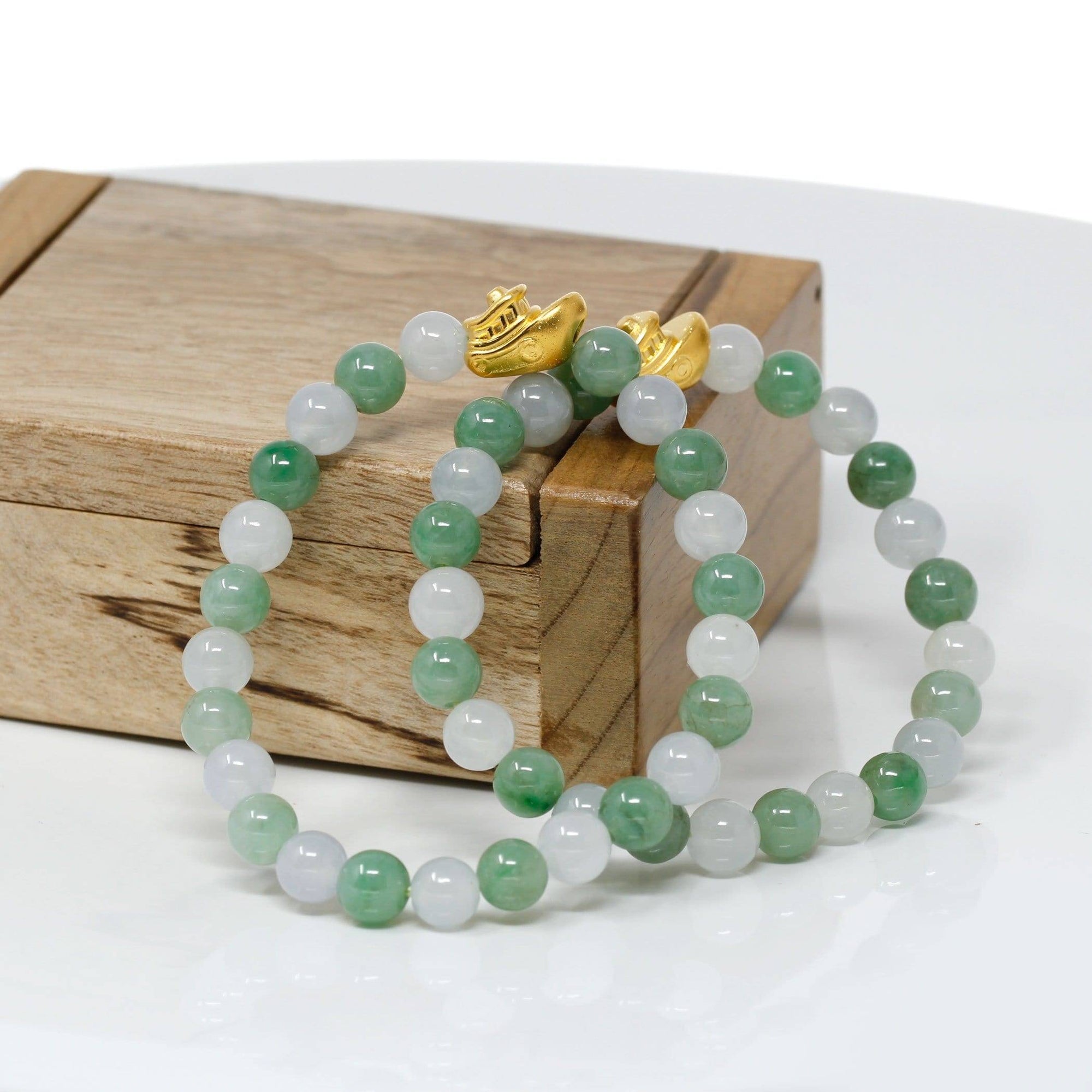 Baikalla Jewelry 24k Gold Jadeite Beads Bracelet Genuine High-quality Jade Jadeite Bracelet Bangle with 24k Yellow Gold Boat Charm 