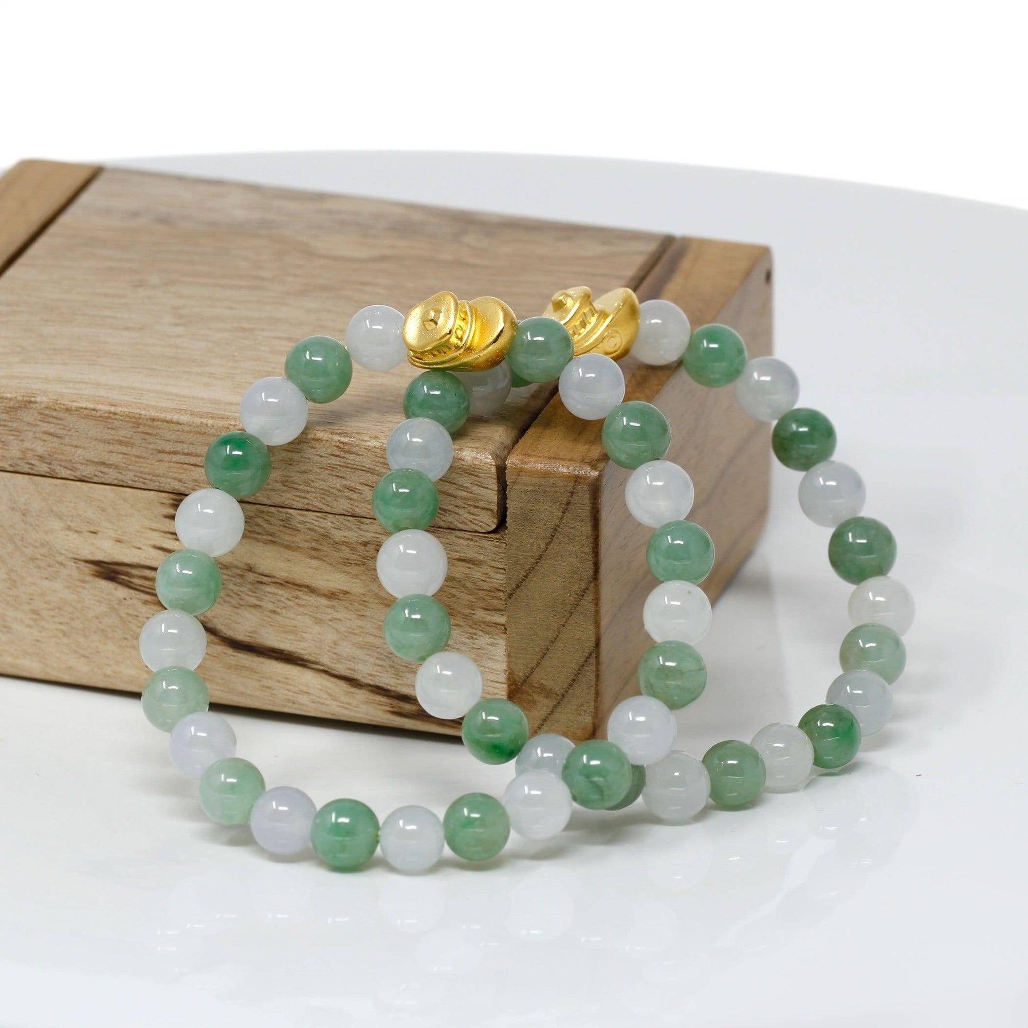 Baikalla Jewelry 24k Gold Jadeite Beads Bracelet Genuine High-quality Jade Jadeite Bracelet Bangle with 24k Yellow Gold Boat Charm 