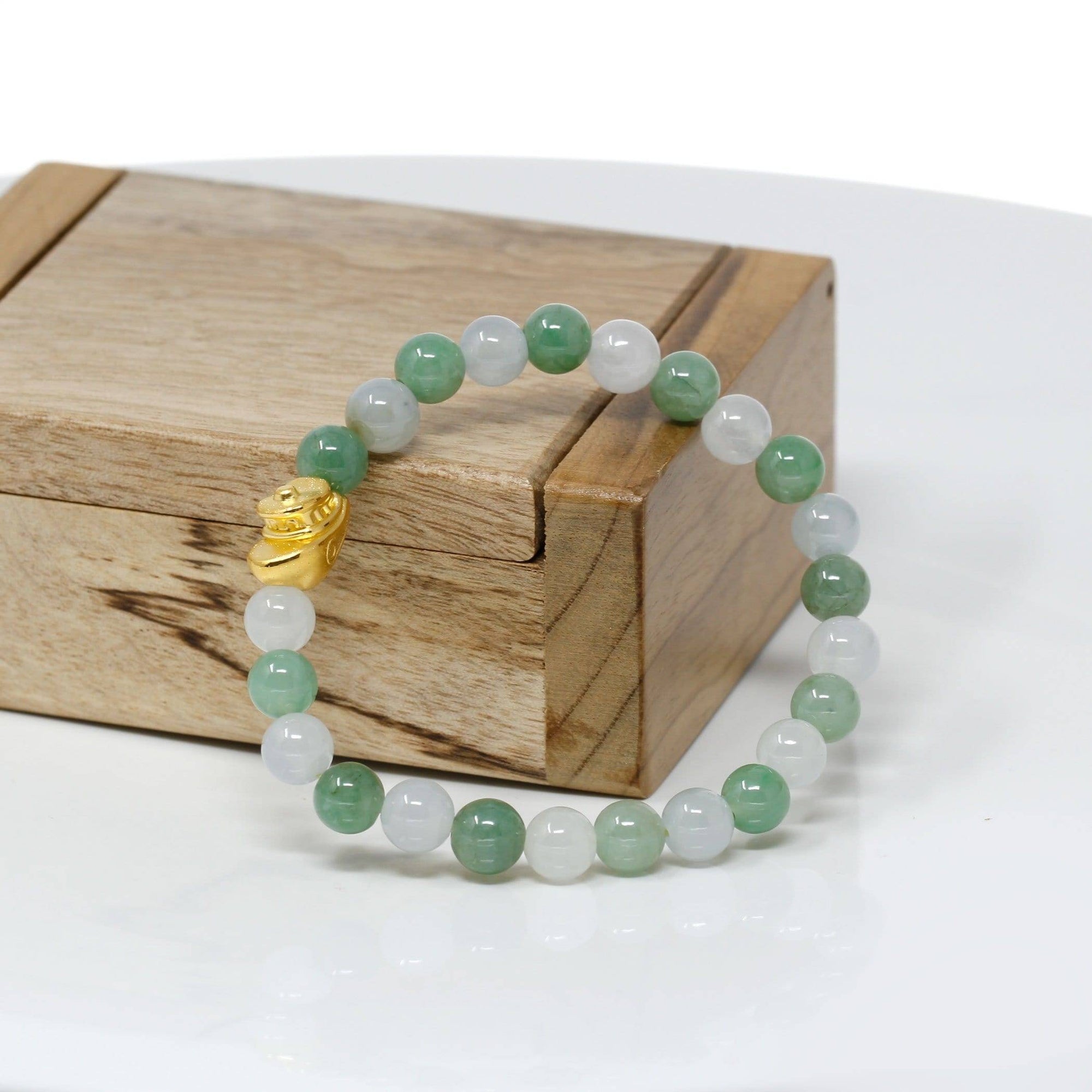 Baikalla Jewelry 24k Gold Jadeite Beads Bracelet Genuine High-quality Jade Jadeite Bracelet Bangle with 24k Yellow Gold Boat Charm 