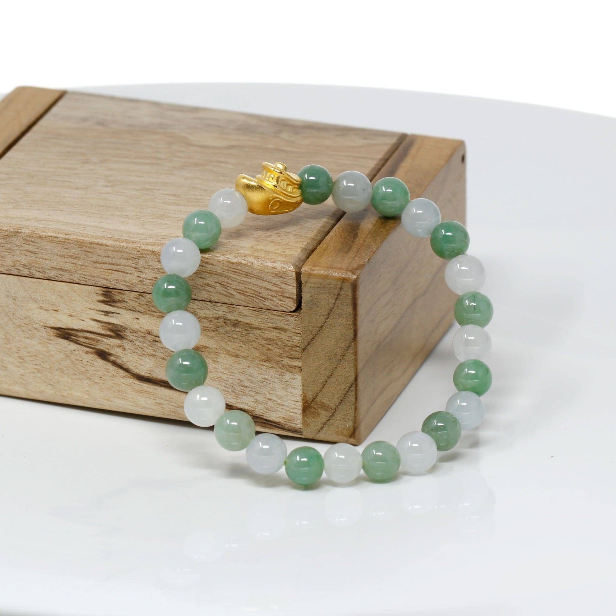 Baikalla Jewelry 24k Gold Jadeite Beads Bracelet XS 6 Inches Genuine High-quality Jade Jadeite Bracelet Bangle with 24k Yellow Gold Boat Charm 