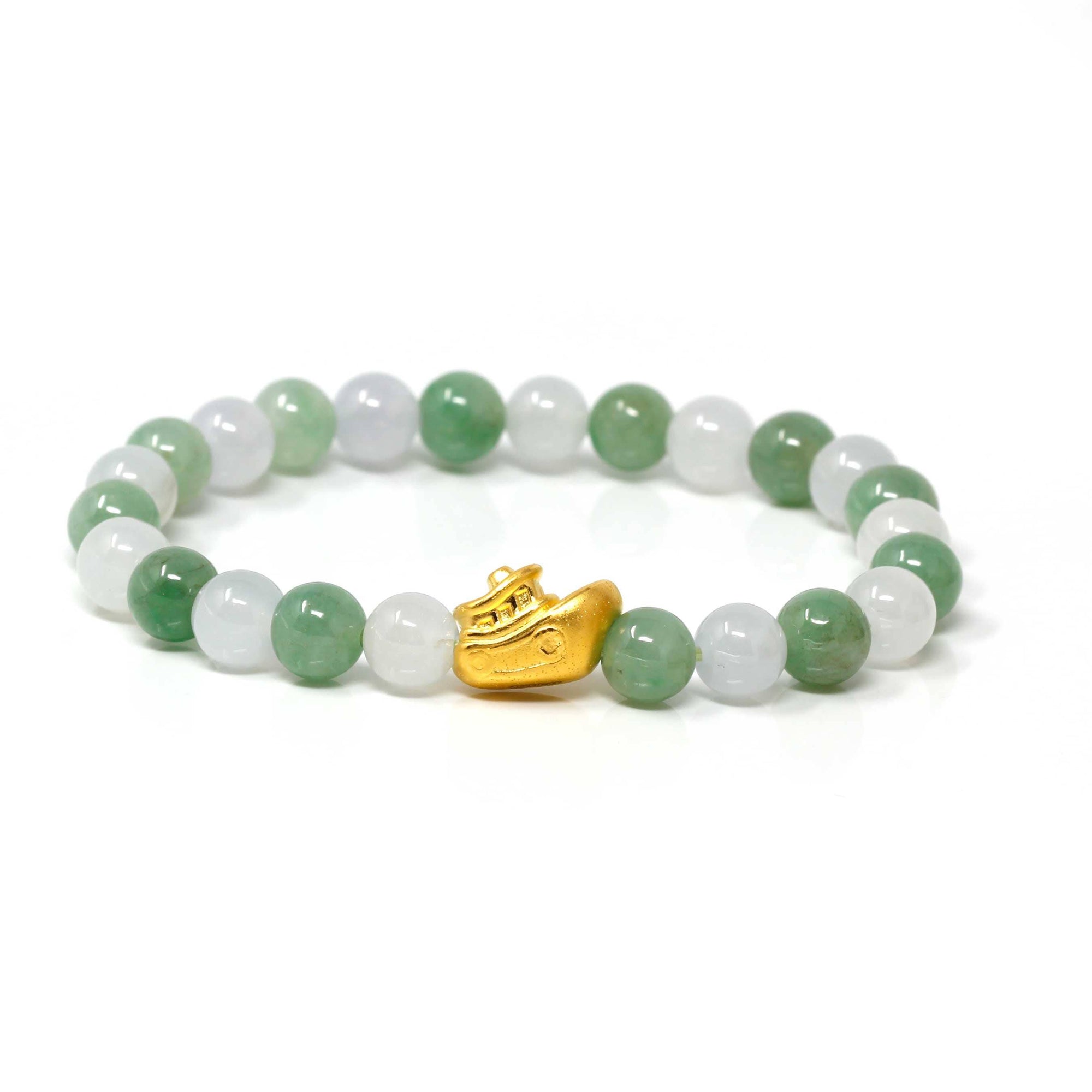 Baikalla Jewelry 24k Gold Jadeite Beads Bracelet Genuine High-quality Jade Jadeite Bracelet Bangle with 24k Yellow Gold Boat Charm #415