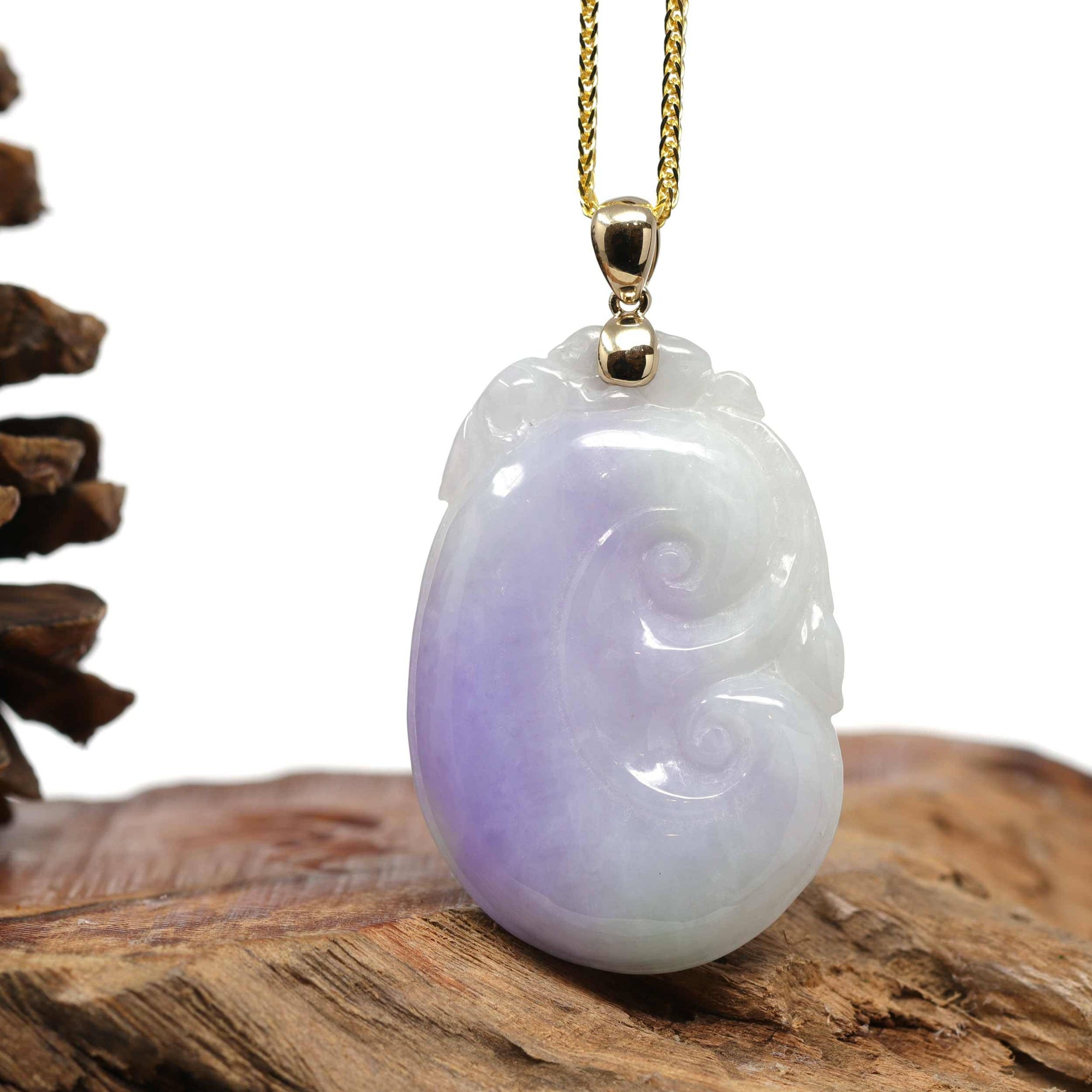 Baikalla Jewelry Jade Guanyin Pendant Necklace Nylon String Necklace Genuine Lavender Jadeite Jade RuYi Pendant Necklace With 14K Yellow Gold Bail