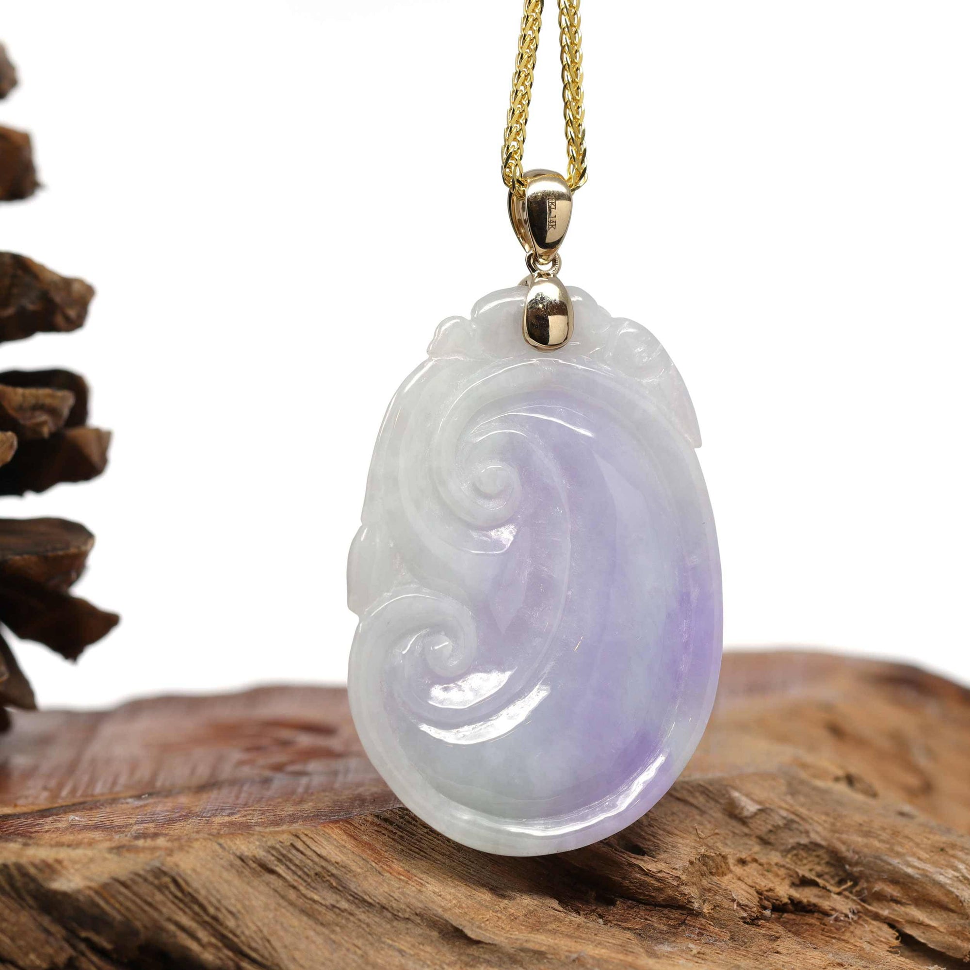 Baikalla Jewelry Jade Guanyin Pendant Necklace Genuine Lavender Jadeite Jade RuYi Pendant Necklace With 14K Yellow Gold Bail