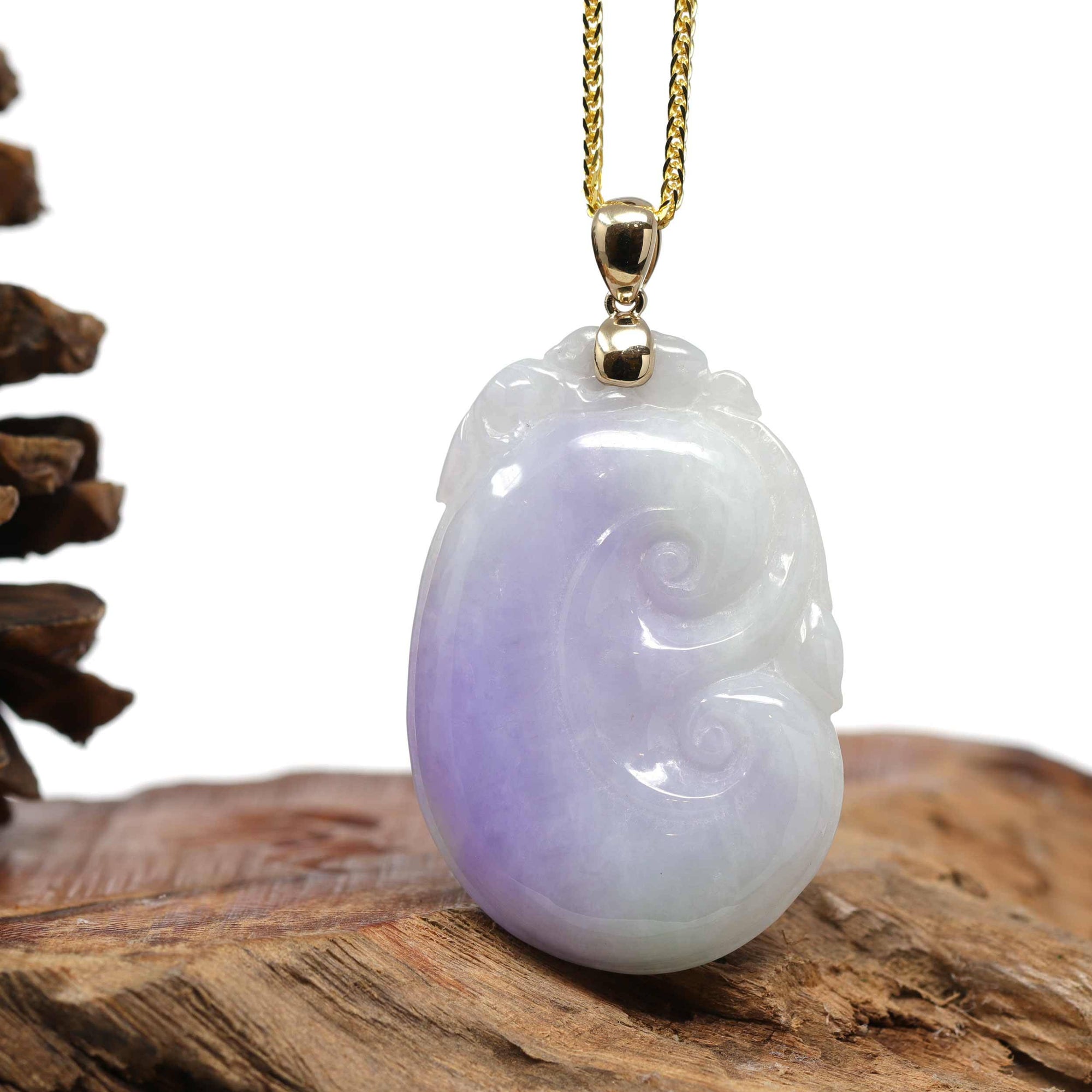 Baikalla Jewelry Jade Guanyin Pendant Necklace Genuine Lavender Jadeite Jade RuYi Pendant Necklace With 14K Yellow Gold Bail