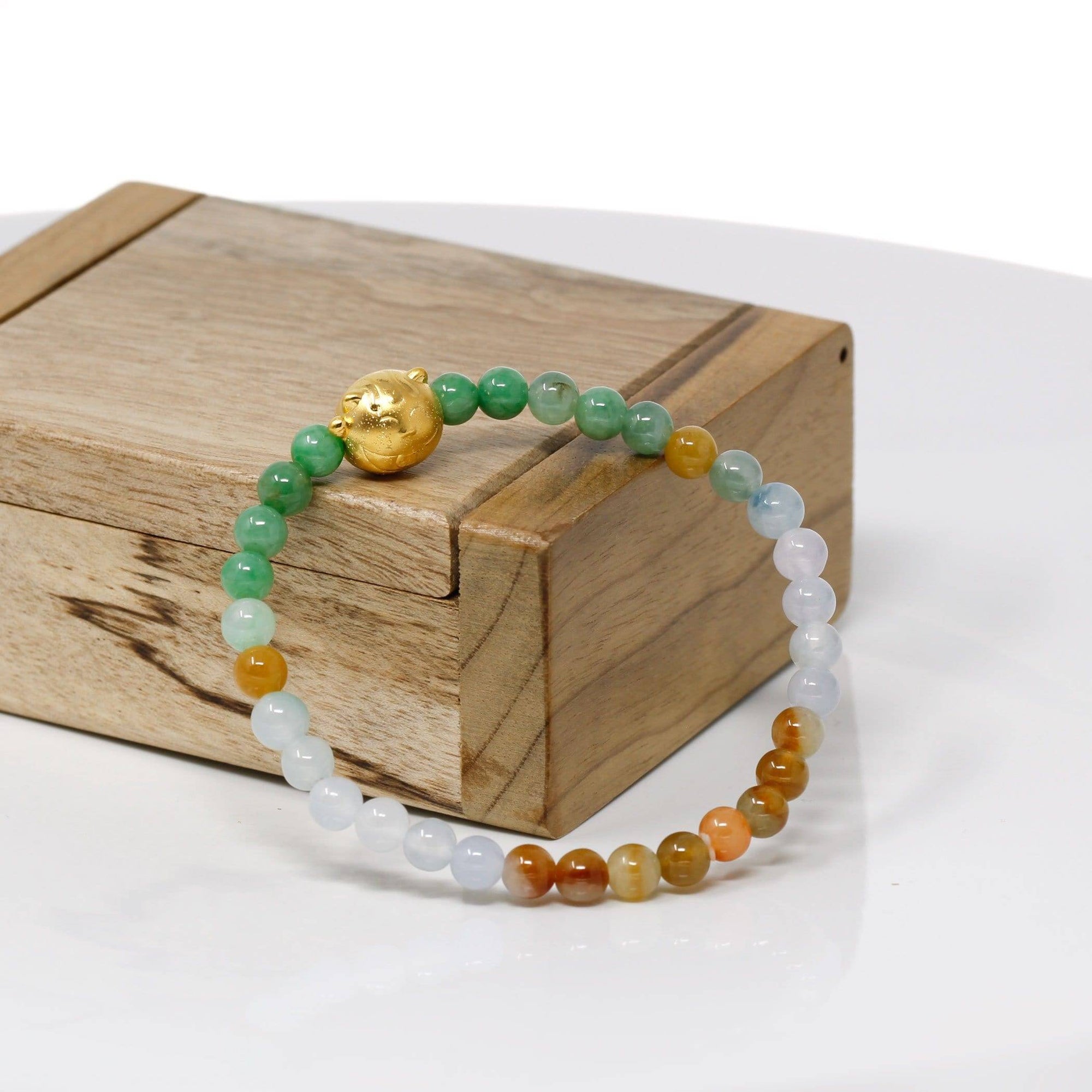 Baikalla Jewelry 24k Gold Jadeite Beads Bracelet XS 6 Inches Genuine High-quality Jade Jadeite Colorful Bracelet Bangle with 24k Yellow Gold Cat Charm 