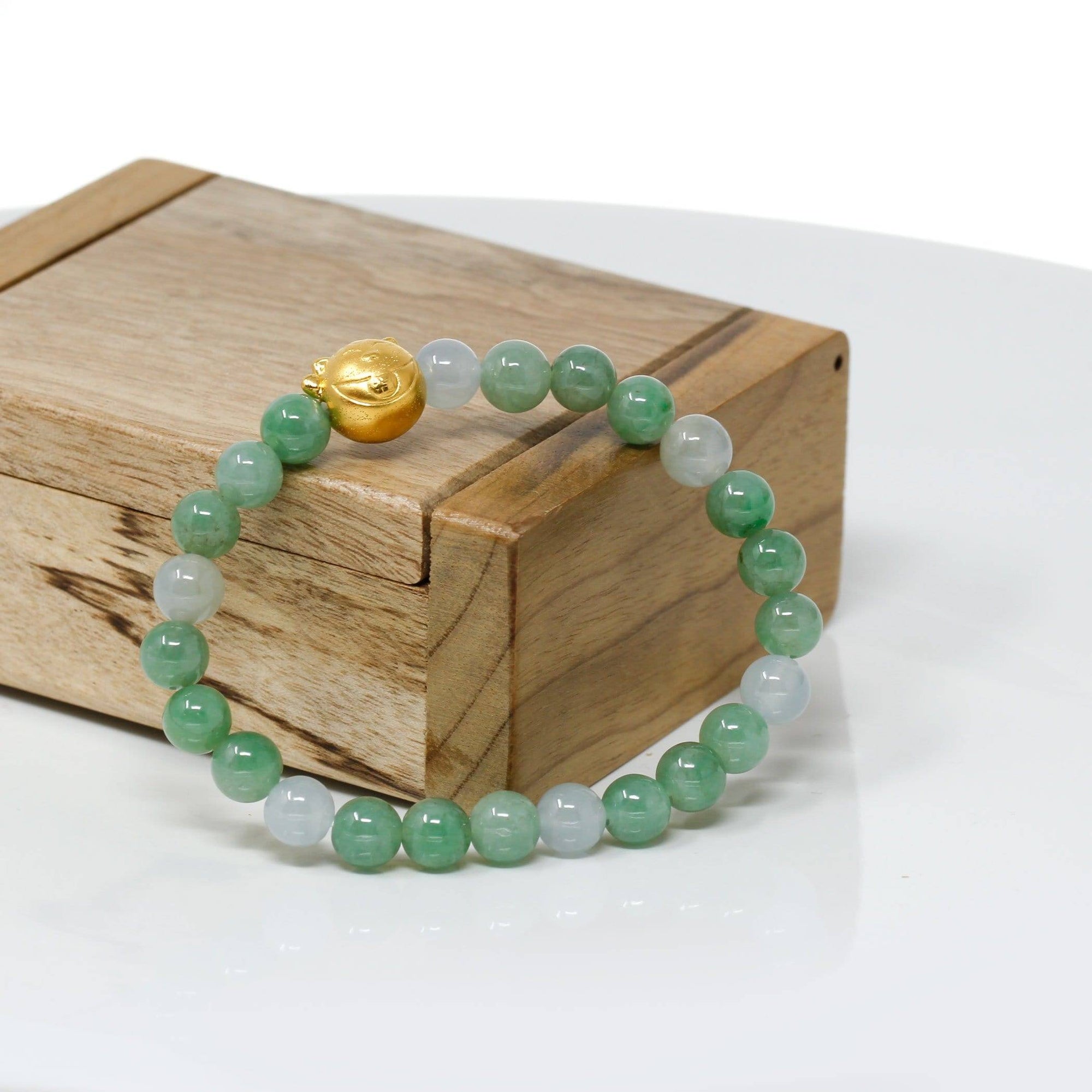 Baikalla Jewelry 24k Gold Jadeite Beads Bracelet XS 6 Inches Genuine High-quality Jade Jadeite Bracelet Bangle with 24k Yellow Gold Cat Charm #414