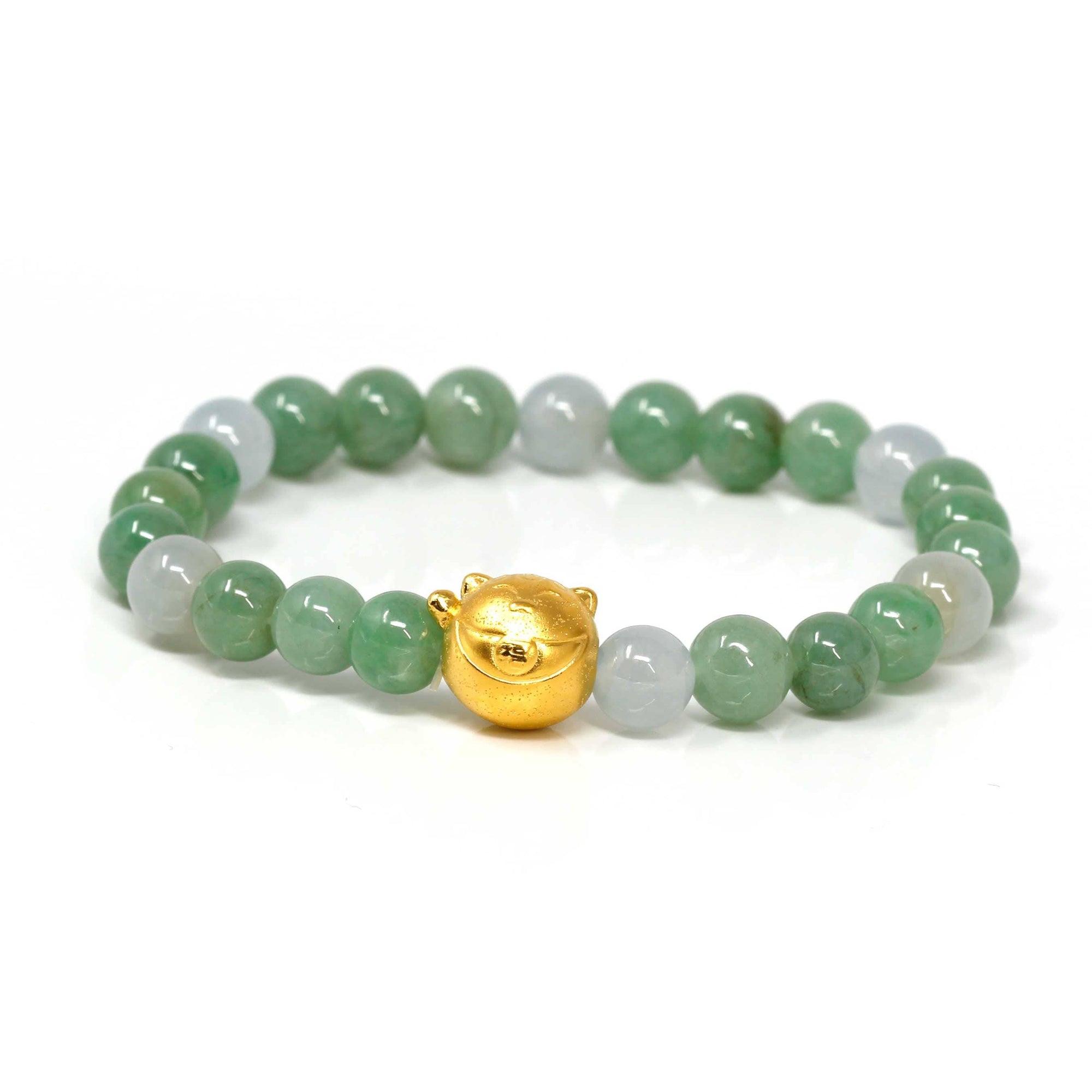 Baikalla Jewelry 24k Gold Jadeite Beads Bracelet Genuine High-quality Jade Jadeite Bracelet Bangle with 24k Yellow Gold Cat Charm #414