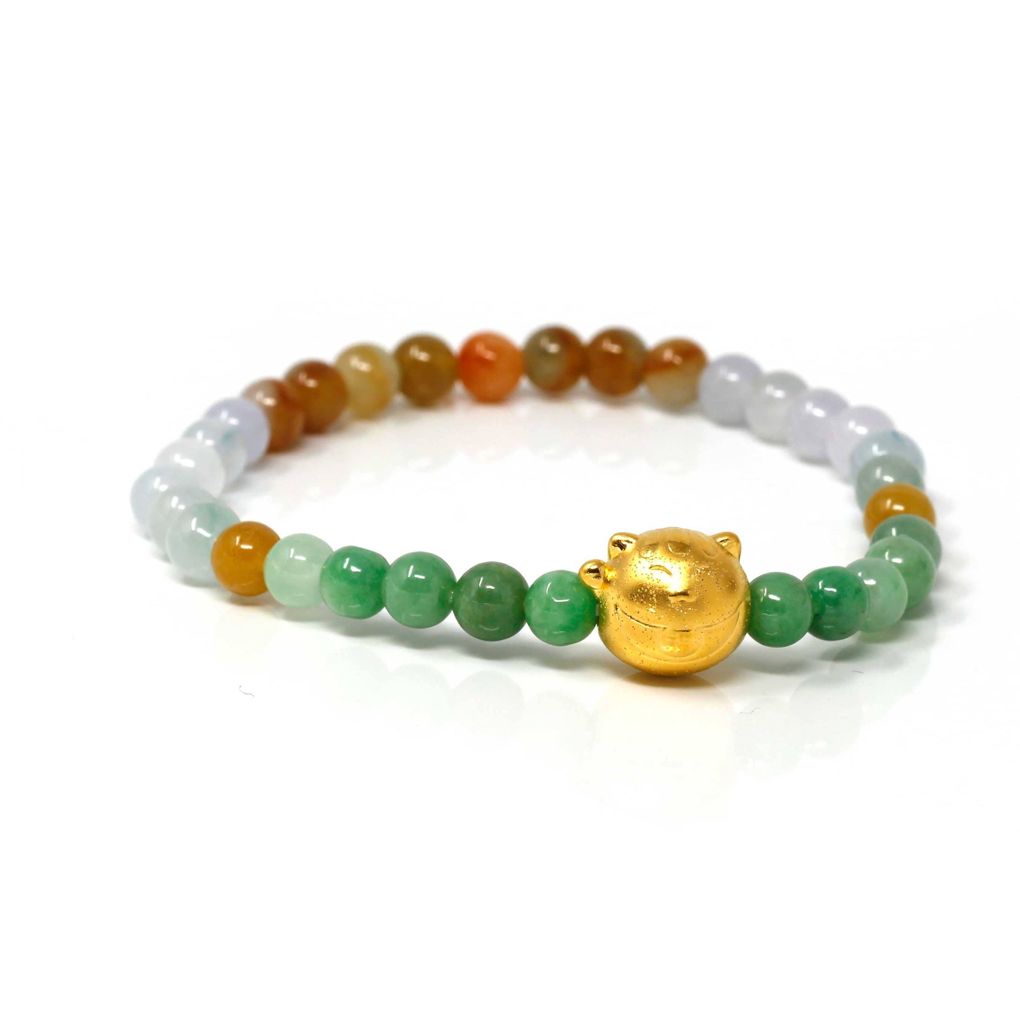 Baikalla Jewelry 24k Gold Jadeite Beads Bracelet Genuine High-quality Jade Jadeite Colorful Bracelet Bangle with 24k Yellow Gold Cat Charm #413