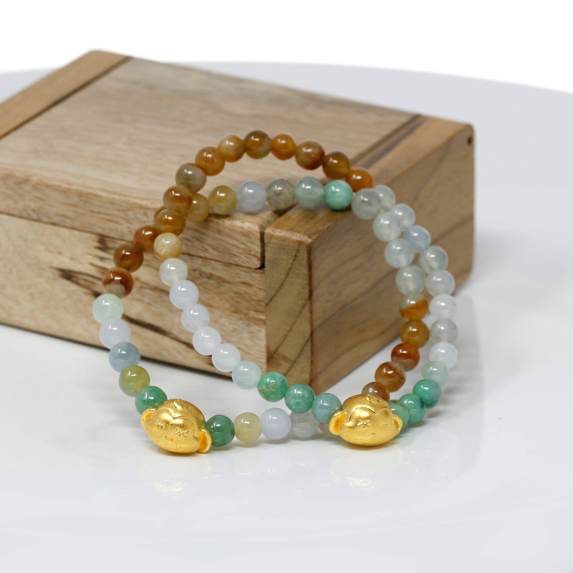 Baikalla Jewelry 24k Gold Jadeite Beads Bracelet Genuine High-quality Jade Jadeite Bracelet Bangle with 24k Yellow Gold Monkey Charm Colorful  