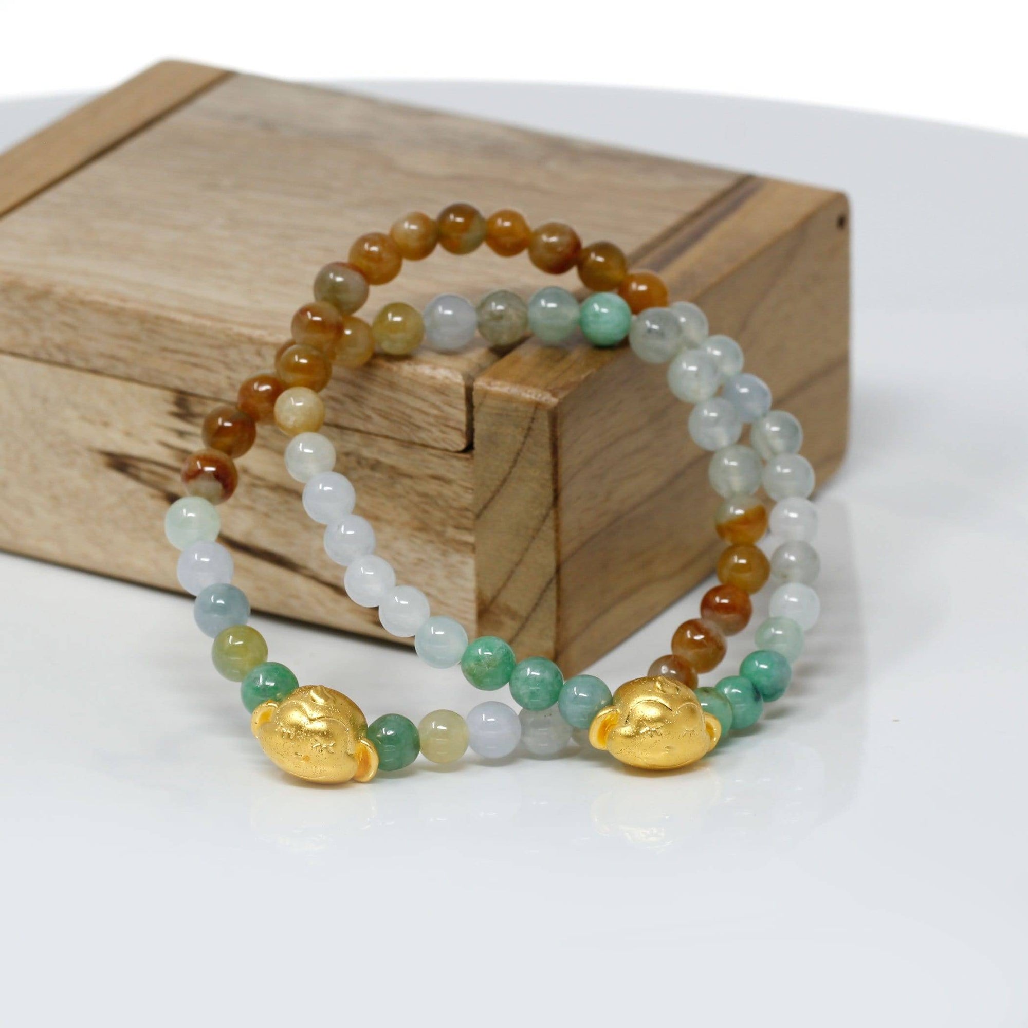 Baikalla Jewelry 24k Gold Jadeite Beads Bracelet Genuine High-quality Jade Jadeite Bracelet Bangle with 24k Yellow Gold Monkey Charm Colorful  