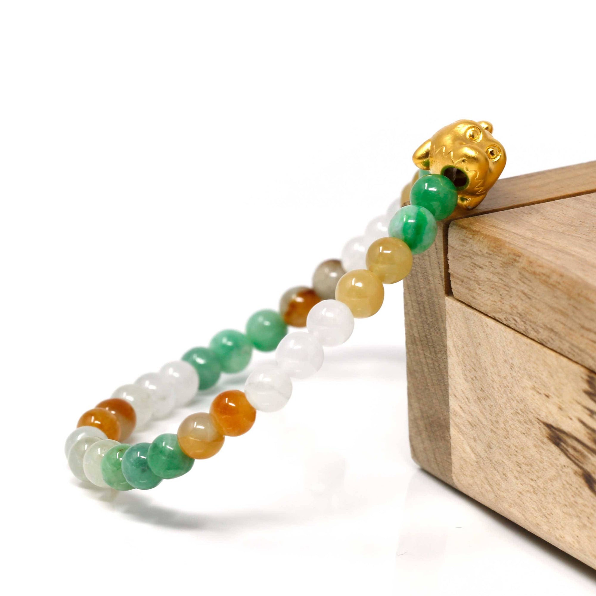 Baikalla Jewelry 24k Gold Jadeite Beads Bracelet Genuine High-quality Jade Jadeite Bracelet Bangle with 24k Yellow Gold Crocodile Charm Colorful  #412