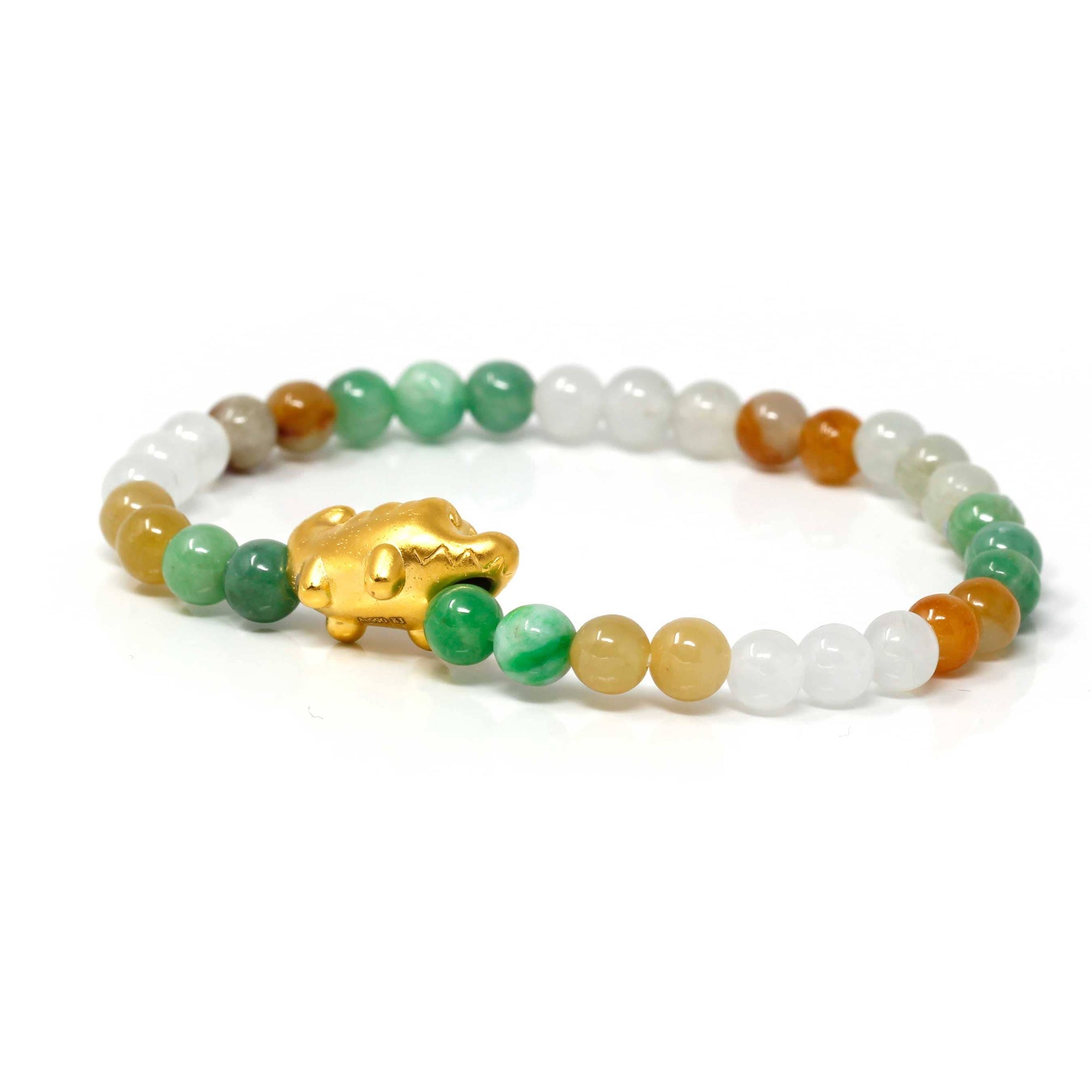 Baikalla Jewelry 24k Gold Jadeite Beads Bracelet Genuine High-quality Jade Jadeite Bracelet Bangle with 24k Yellow Gold Crocodile Charm Colorful  #412