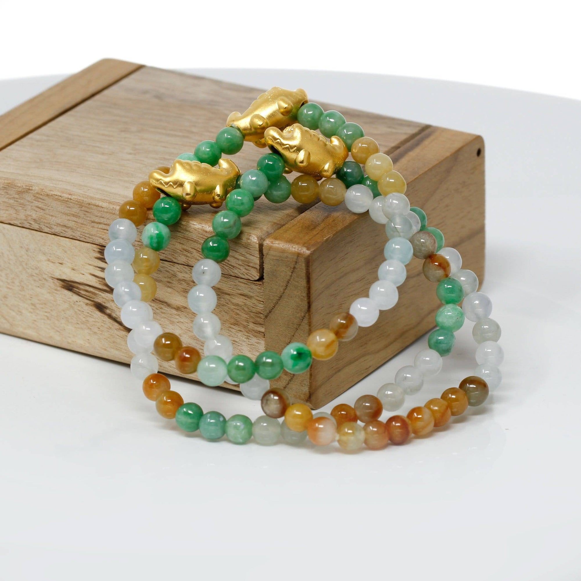 Baikalla Jewelry 24k Gold Jadeite Beads Bracelet Genuine High-quality Jade Jadeite Bracelet Bangle with 24k Yellow Gold Crocodile Charm Colorful  