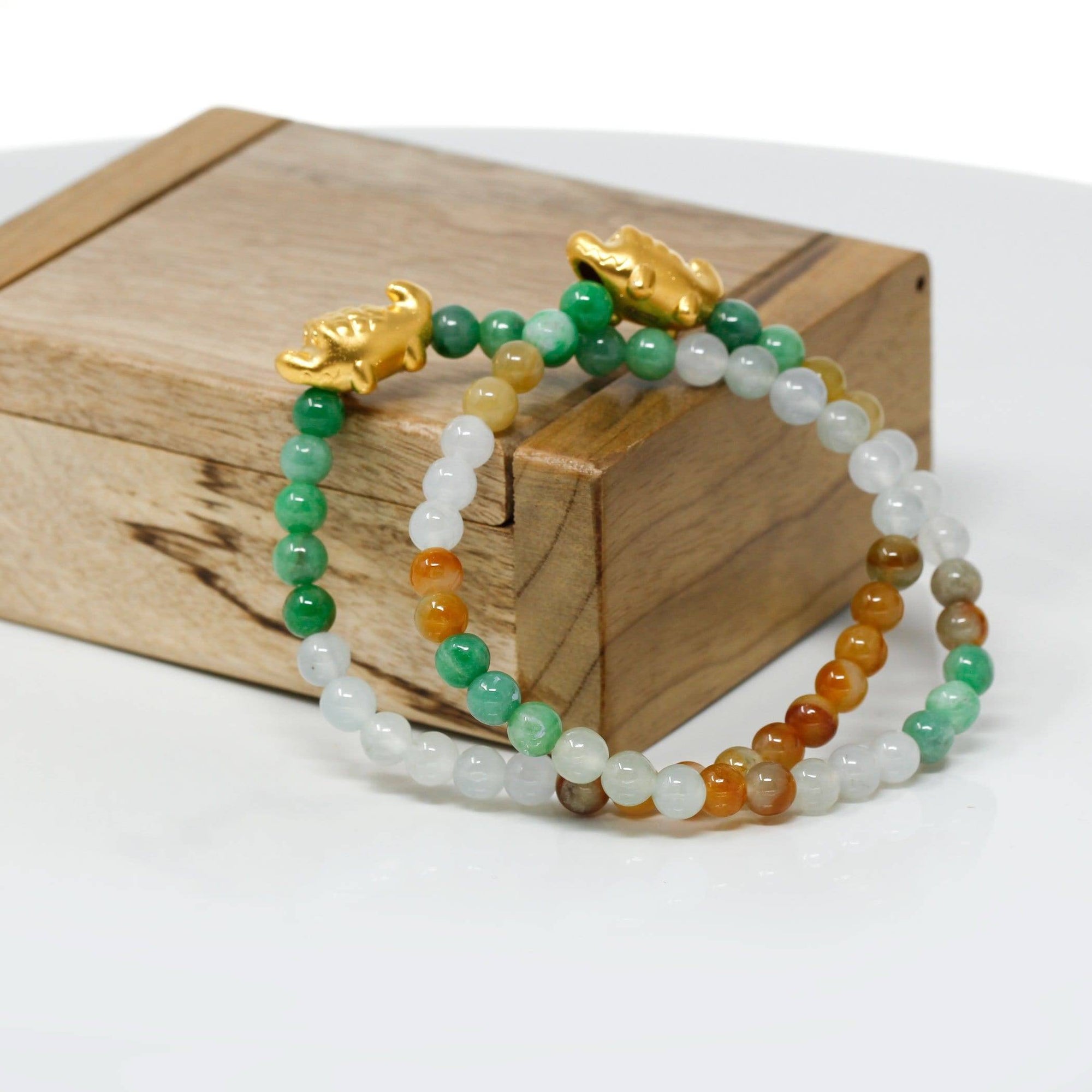 Baikalla Jewelry 24k Gold Jadeite Beads Bracelet Genuine High-quality Jade Jadeite Bracelet Bangle with 24k Yellow Gold Crocodile Charm Colorful  