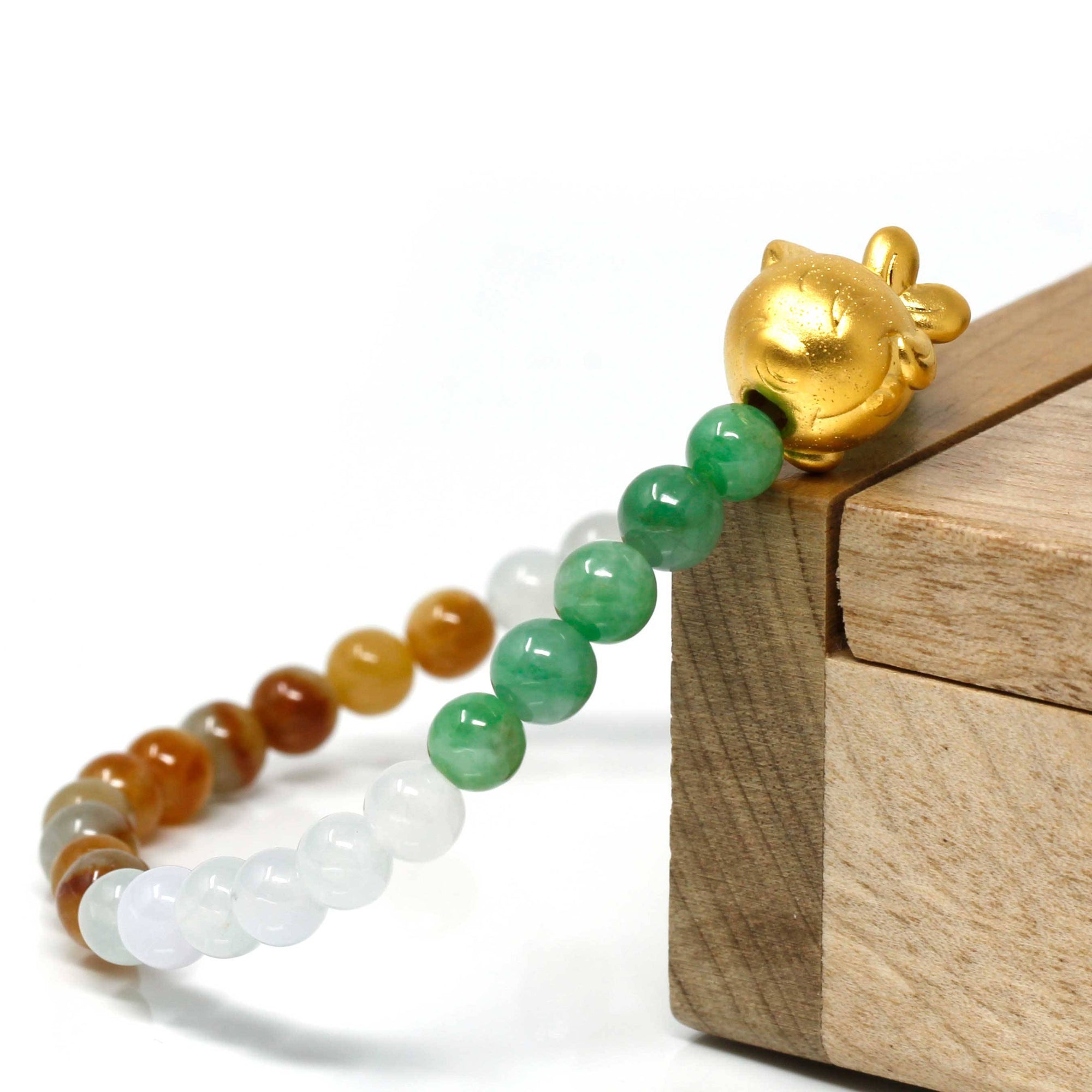 Baikalla Jewelry 24k Gold Jadeite Beads Bracelet Genuine High-quality Jade Jadeite Bracelet Bangle with 24k Yellow Goldfish Charm Colorful  #405