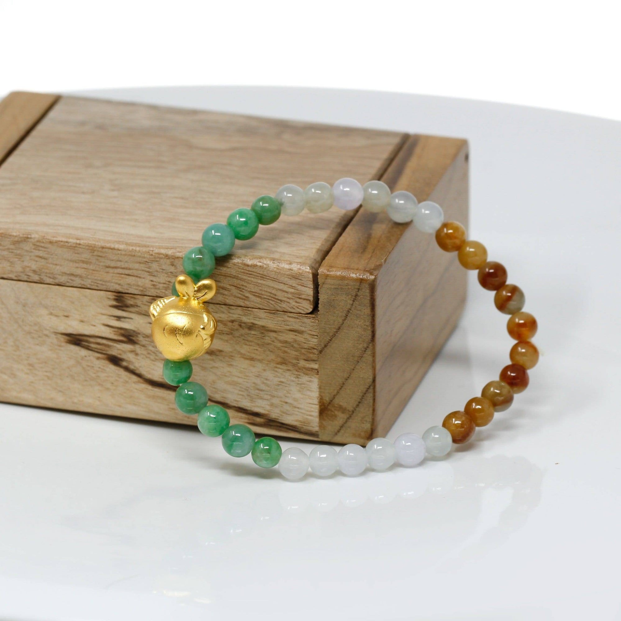 Baikalla Jewelry 24k Gold Jadeite Beads Bracelet Genuine High-quality Jade Jadeite Bracelet Bangle with 24k Yellow Goldfish Charm Colorful  #405