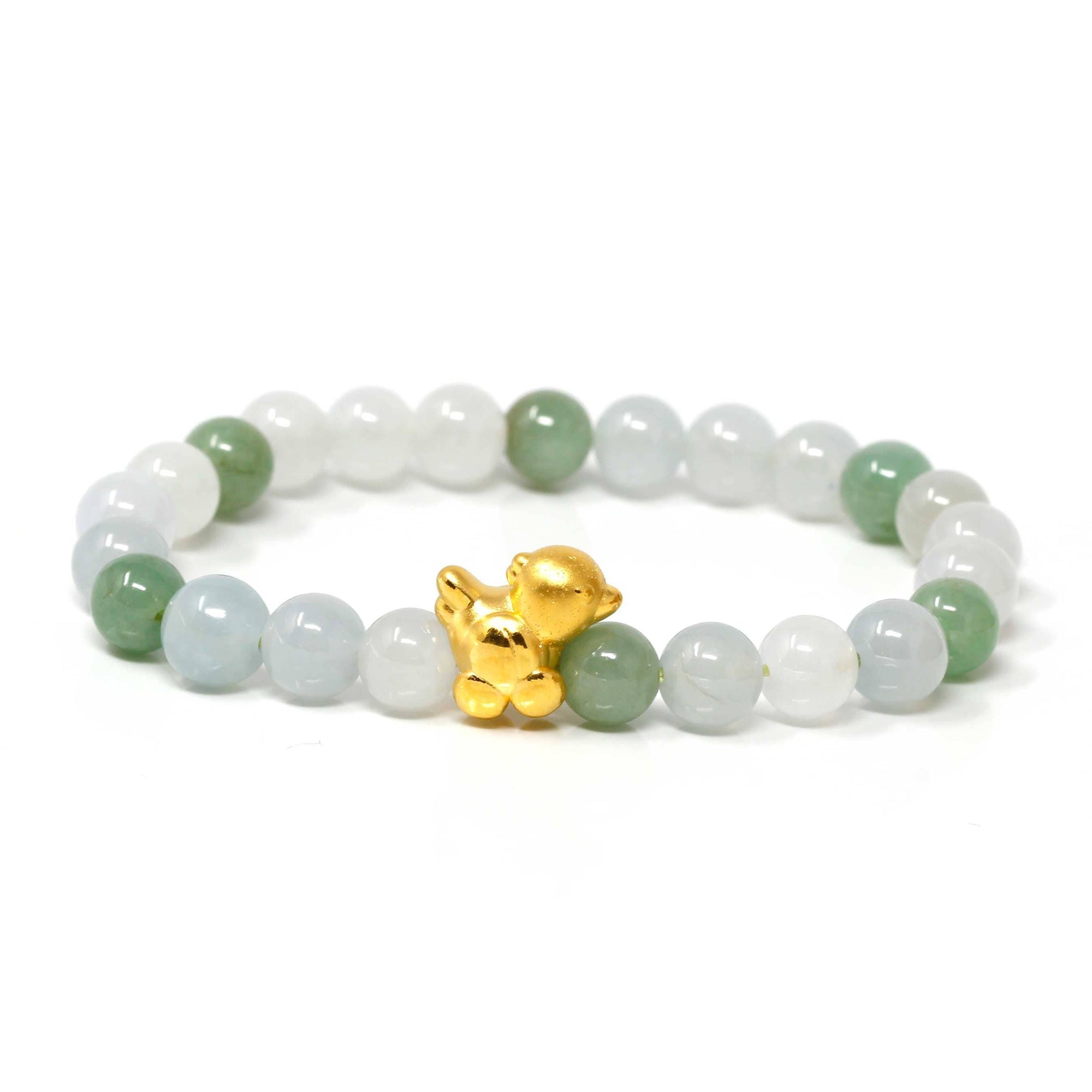 Baikalla Jewelry 24k Gold Jadeite Beads Bracelet XS 6 Inches Genuine High-quality Jade Jadeite Bracelet Bangle with 24k Yellow Gold Chicken Charm 