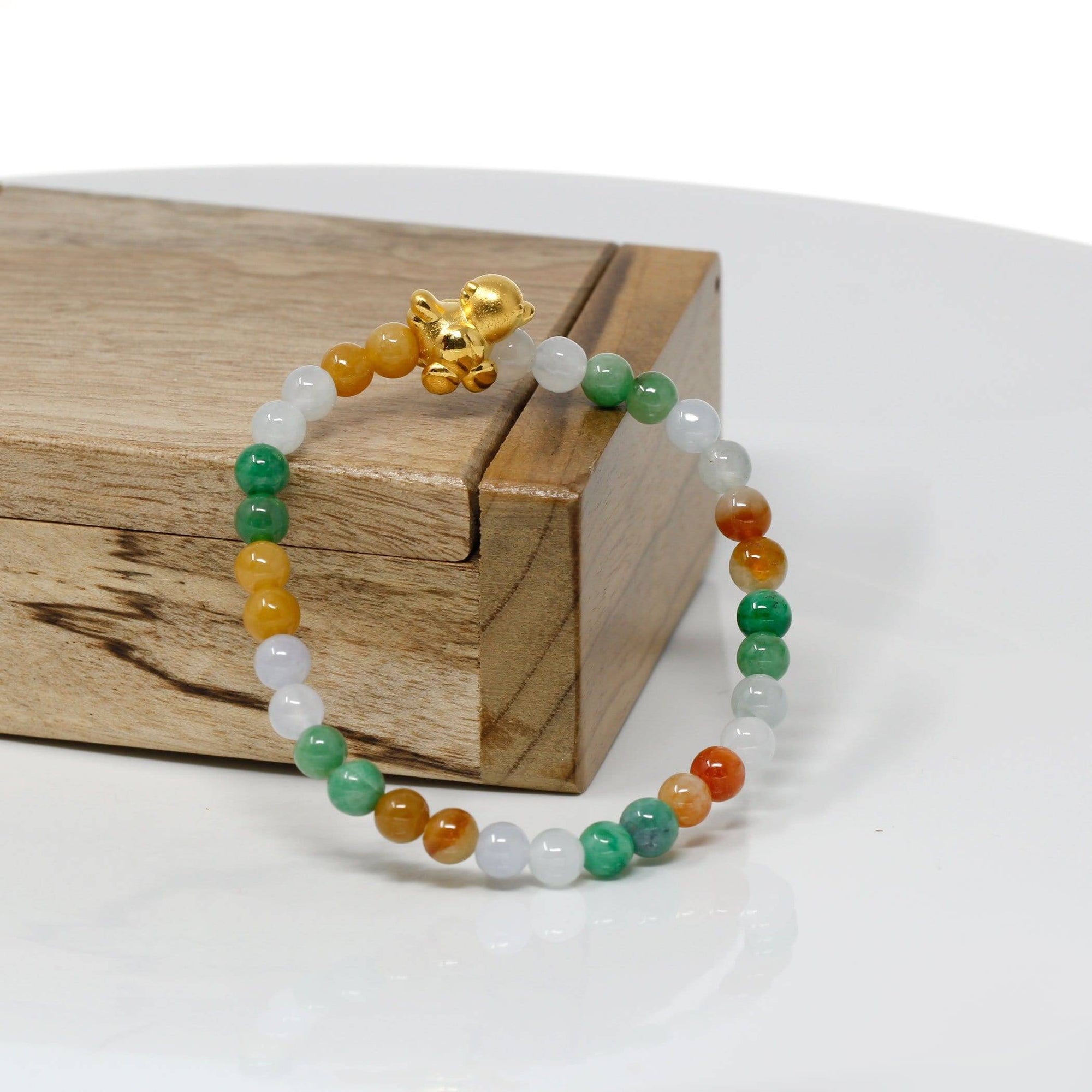 Baikalla Jewelry 24k Gold Jadeite Beads Bracelet Genuine High-quality Jade Jadeite Bracelet Bangle with 24k Yellow Gold Chicken Charm Colorful  #425