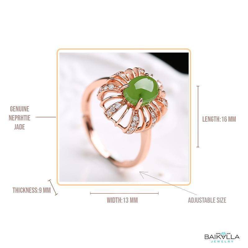 Baikalla Jewelry Silver Jade Ring Rose Gold Plated Sterling Silver Genuine Nephrite Green Jade Ring