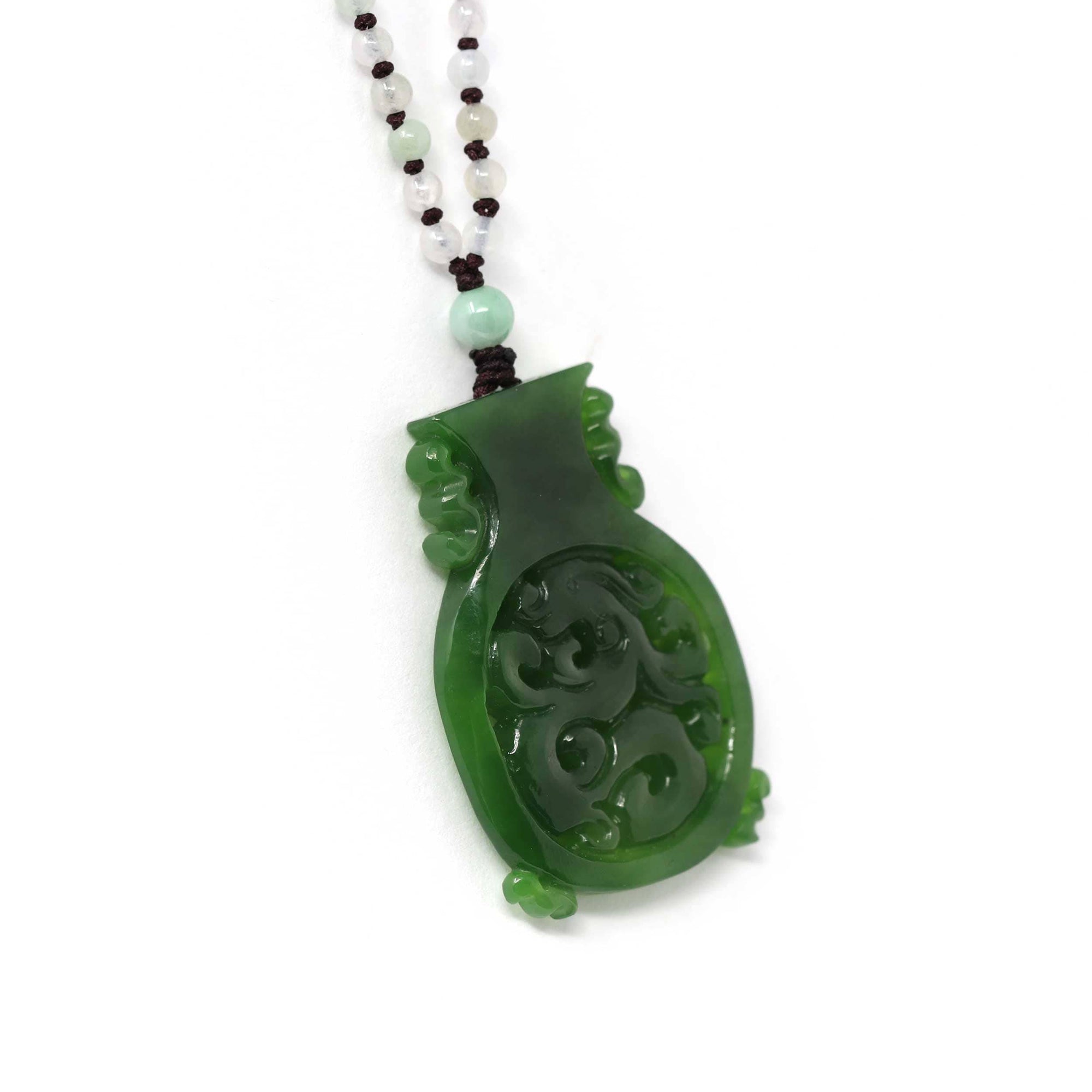 Baikalla Jewelry Jade Pendant Necklace Genuine HeTian Nephrite Green Jade Good Luck Vase Pendant Necklace With Dragon