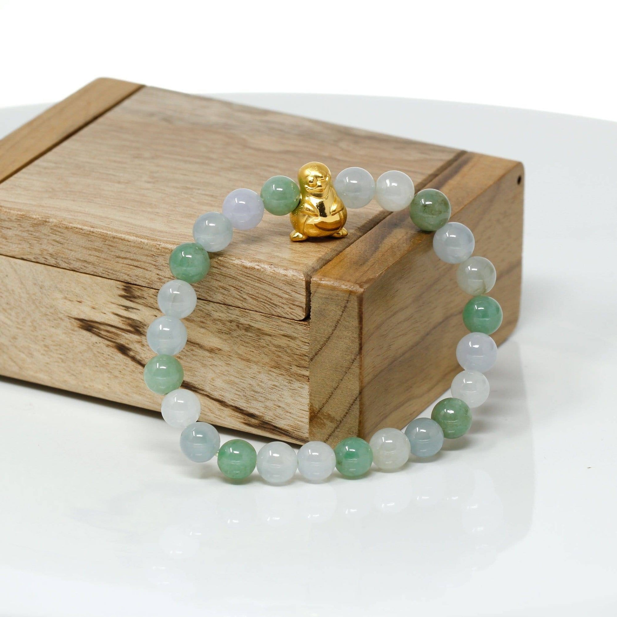 Baikalla Jewelry 24k Gold Jadeite Beads Bracelet Genuine High-quality Jade Jadeite Bracelet Bangle with 24k Yellow Gold Penguin Charm #410