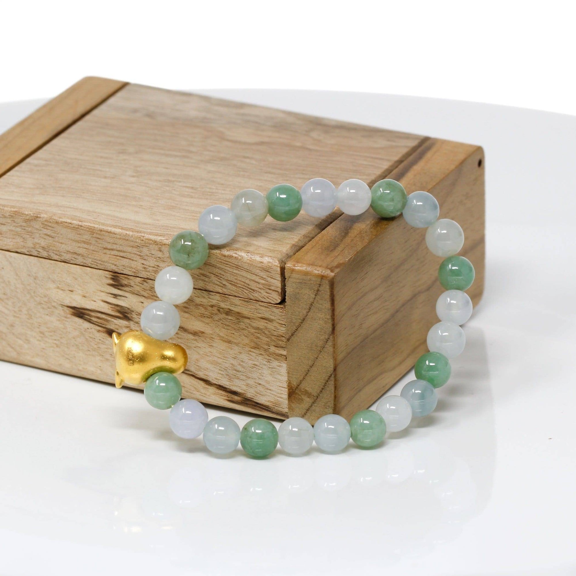 Baikalla Jewelry 24k Gold Jadeite Beads Bracelet Genuine High-quality Jade Jadeite Bracelet Bangle with 24k Yellow Gold Penguin Charm #410