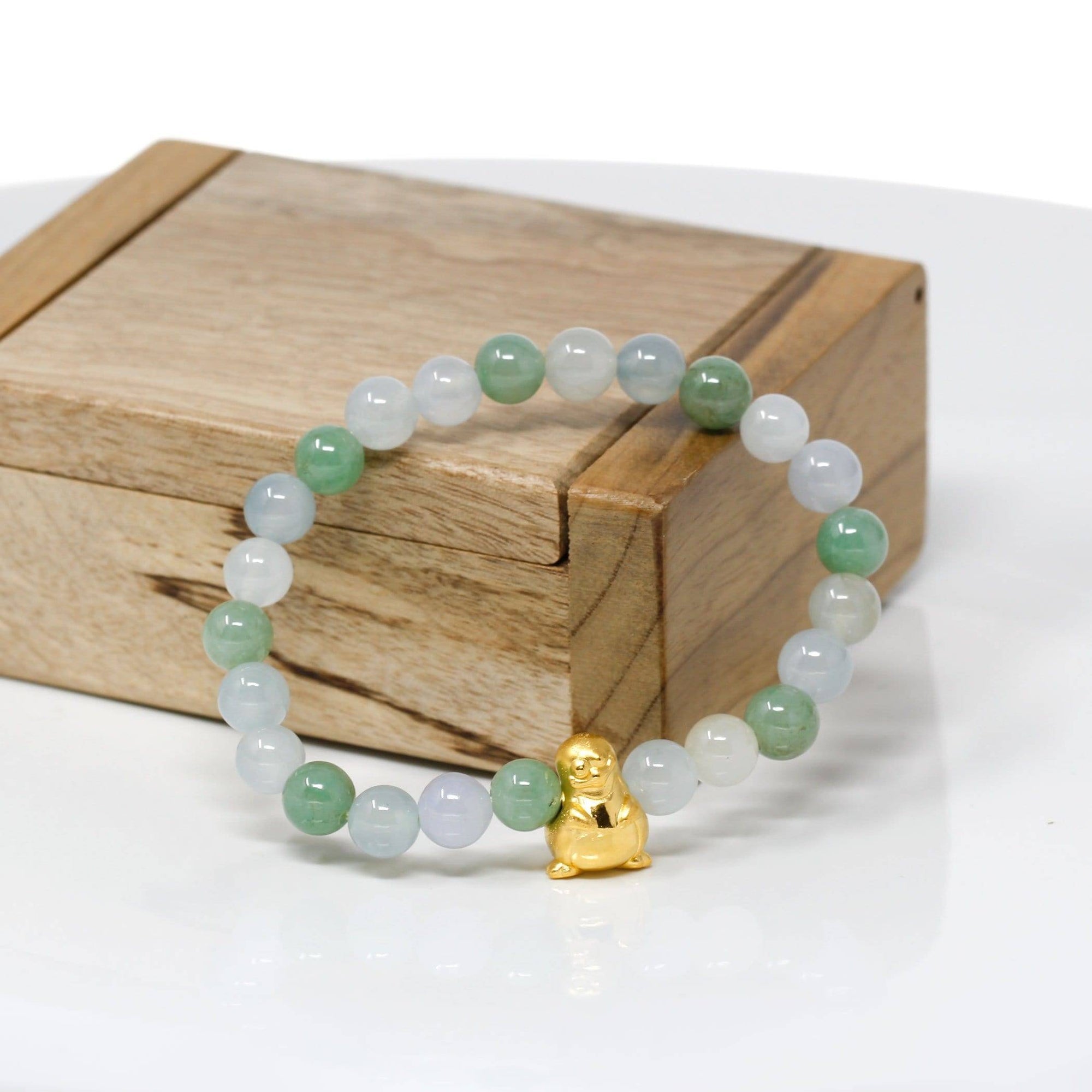 Baikalla Jewelry 24k Gold Jadeite Beads Bracelet Genuine High-quality Jade Jadeite Bracelet Bangle with 24k Yellow Gold Penguin Charm 