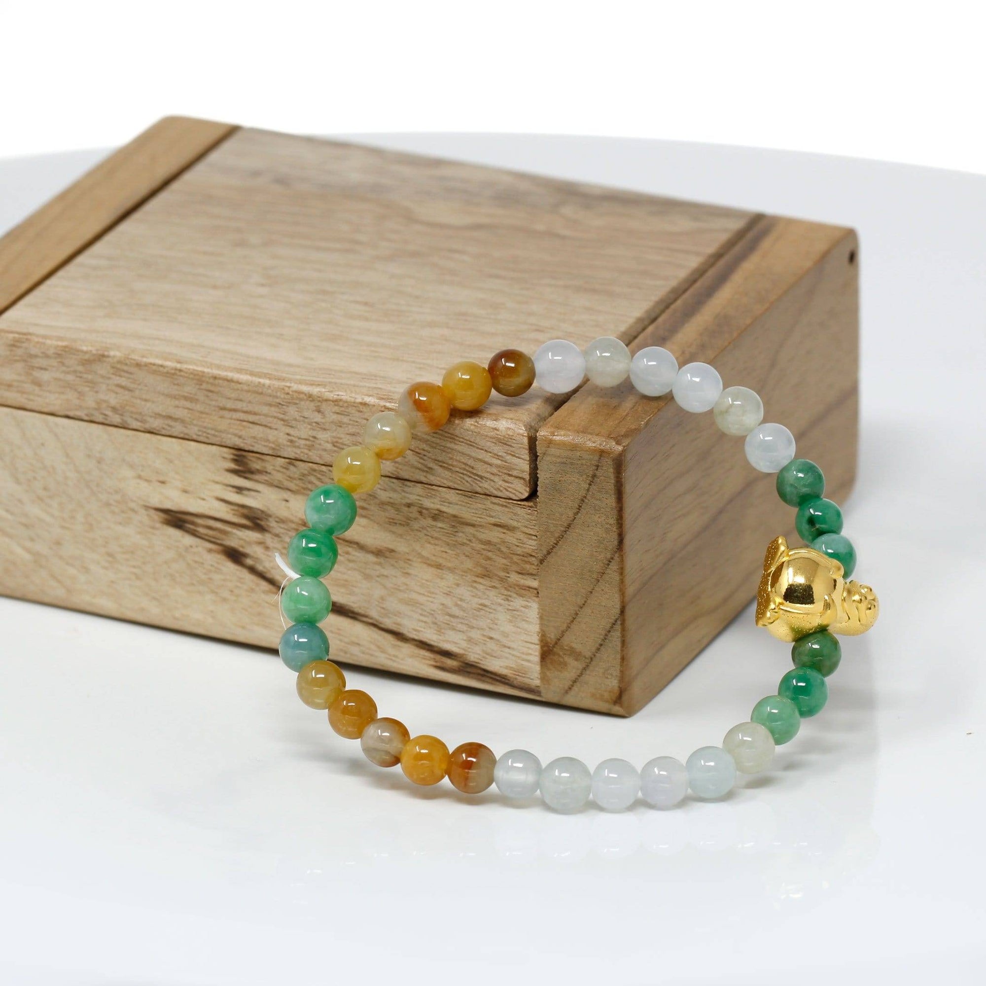 Baikalla Jewelry 24k Gold Jadeite Beads Bracelet Genuine High-quality Jade Jadeite Bracelet Bangle with 24k Yellow Gold Penguin Charm Colorful  