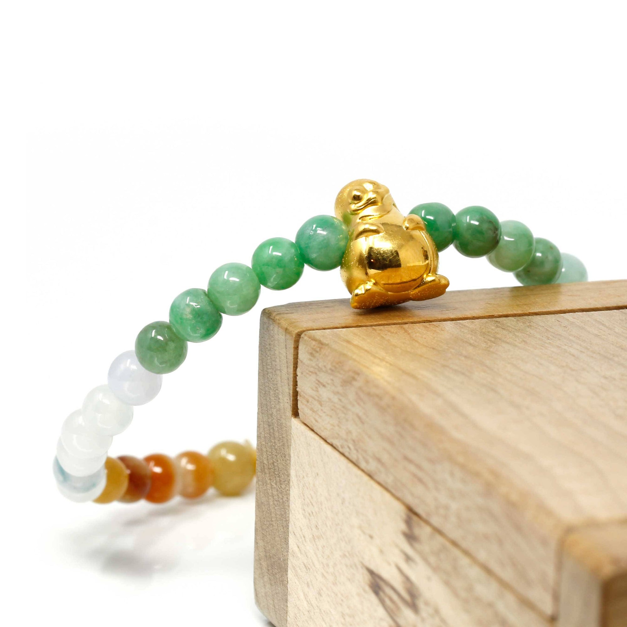 Baikalla Jewelry 24k Gold Jadeite Beads Bracelet XS 6 Inches Genuine High-quality Jade Jadeite Bracelet Bangle with 24k Yellow Gold Penguin Charm Colorful  