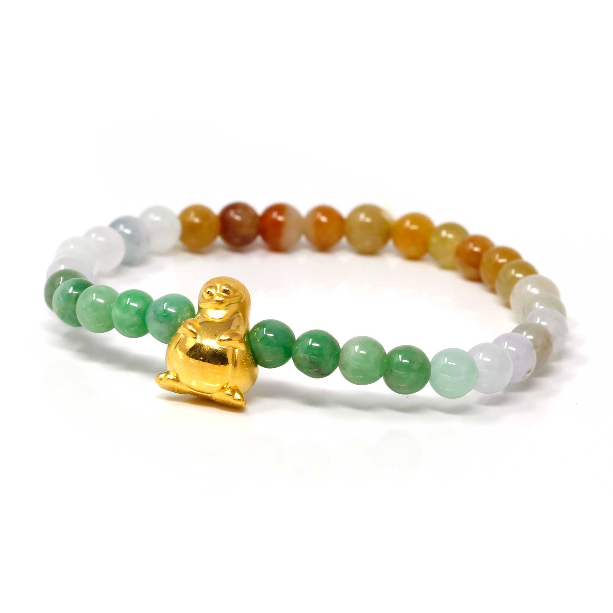 Baikalla Jewelry 24k Gold Jadeite Beads Bracelet Genuine High-quality Jade Jadeite Bracelet Bangle with 24k Yellow Gold Penguin Charm Colorful  