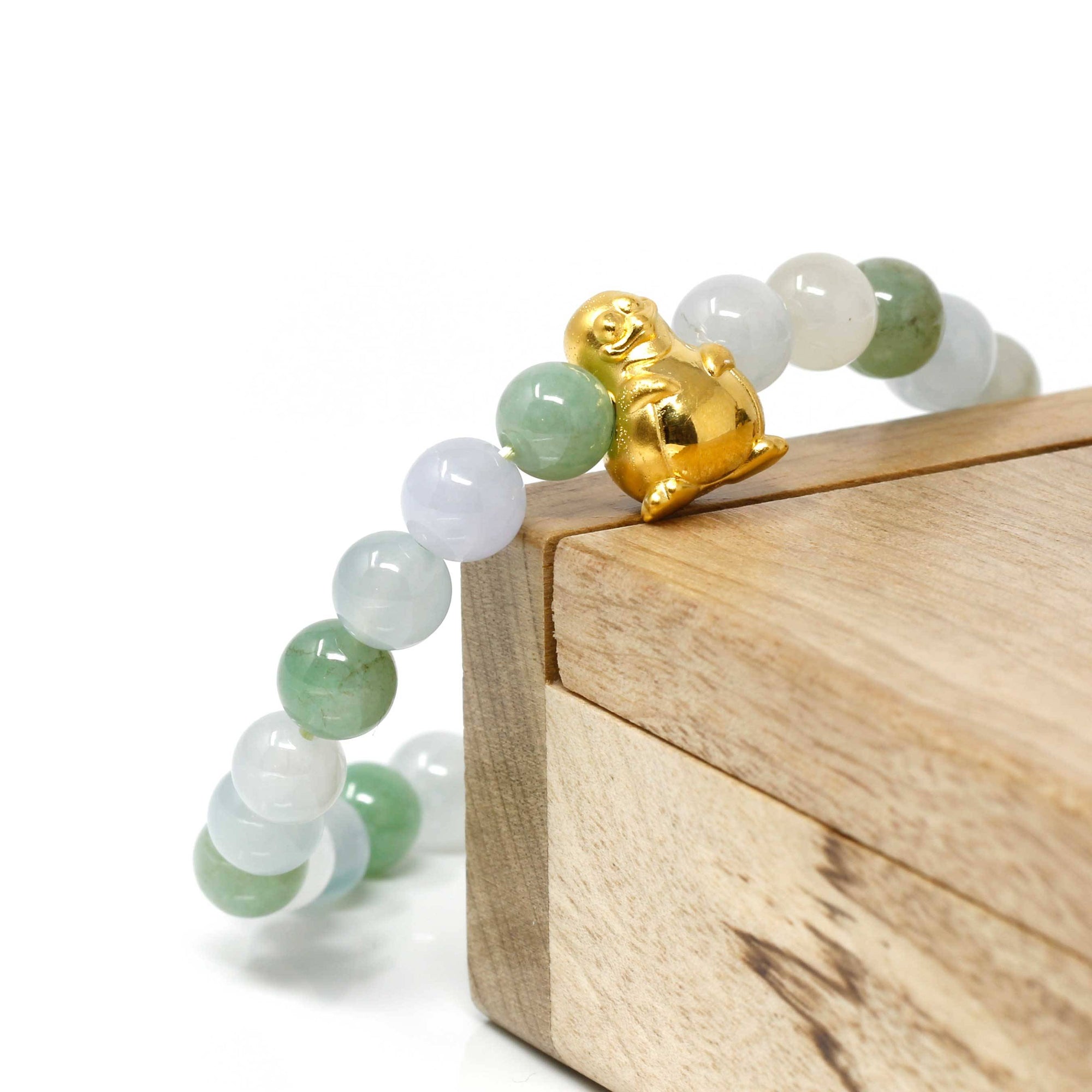 Baikalla Jewelry 24k Gold Jadeite Beads Bracelet XS 6 Inches Genuine High-quality Jade Jadeite Bracelet Bangle with 24k Yellow Gold Penguin Charm 