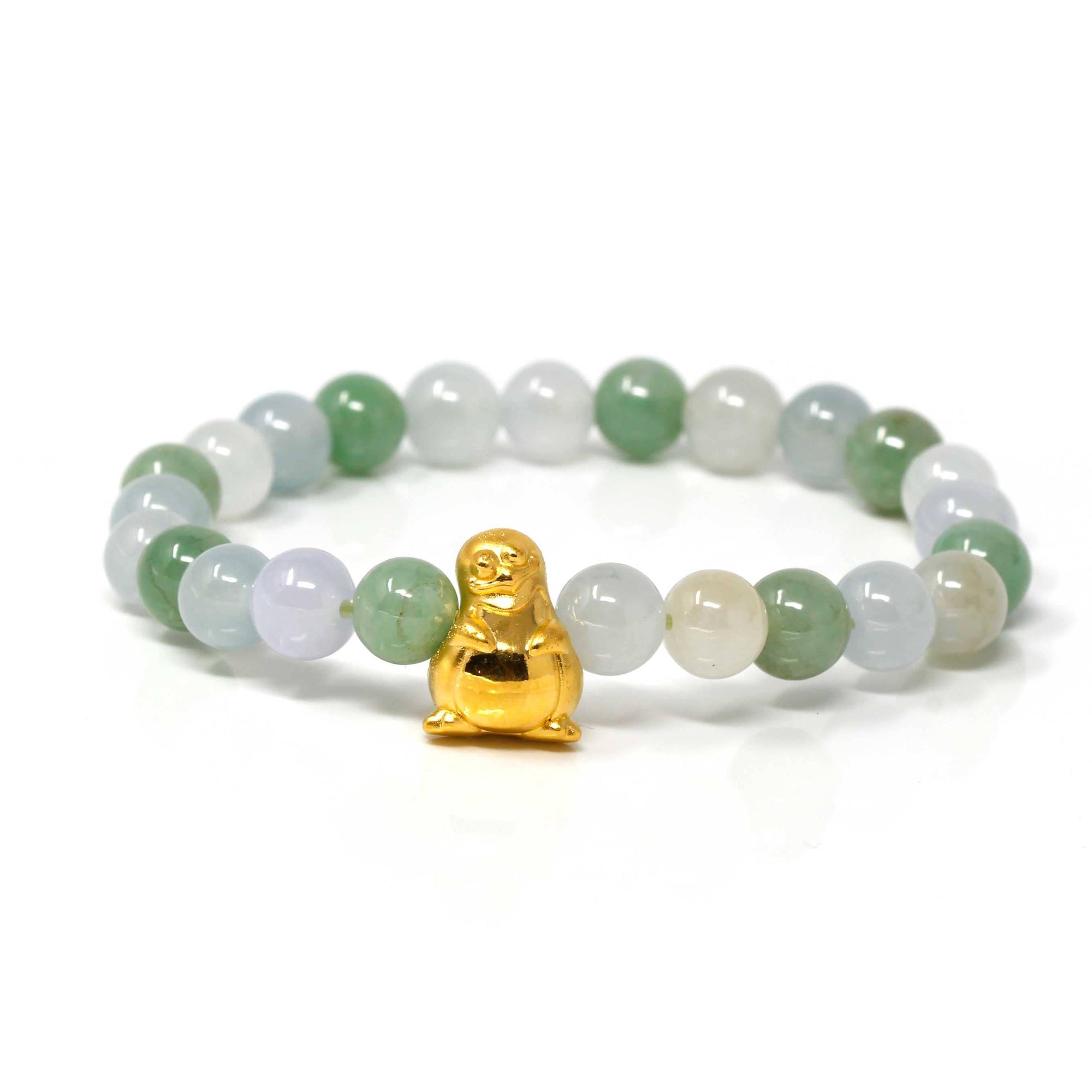 Baikalla Jewelry 24k Gold Jadeite Beads Bracelet Genuine High-quality Jade Jadeite Bracelet Bangle with 24k Yellow Gold Penguin Charm #410