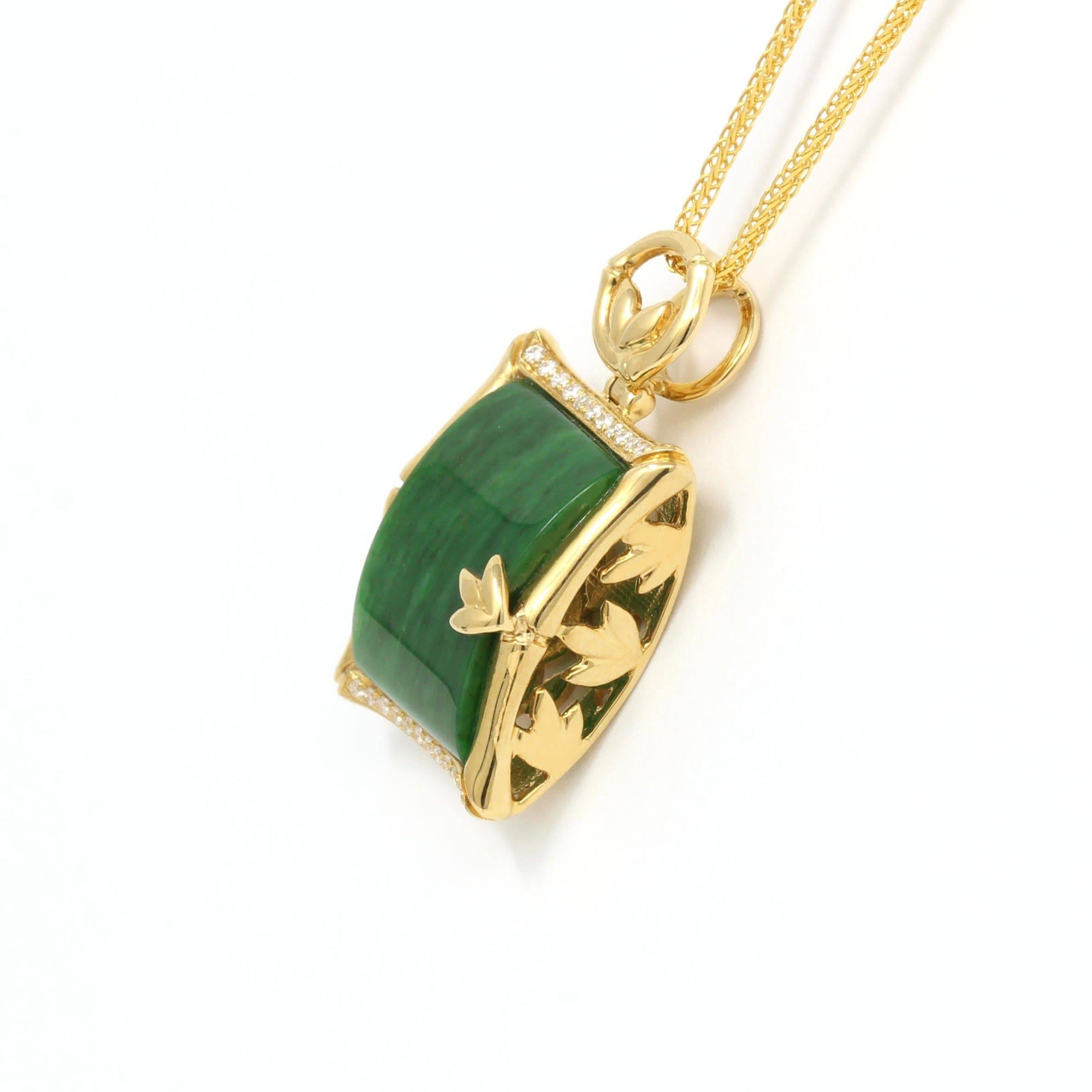 Baikalla Jewelry 18k Gold Jadeite Necklace 18k White Gold Genuine Burmese Jadeite Bamboo Pendant Necklace With Diamond