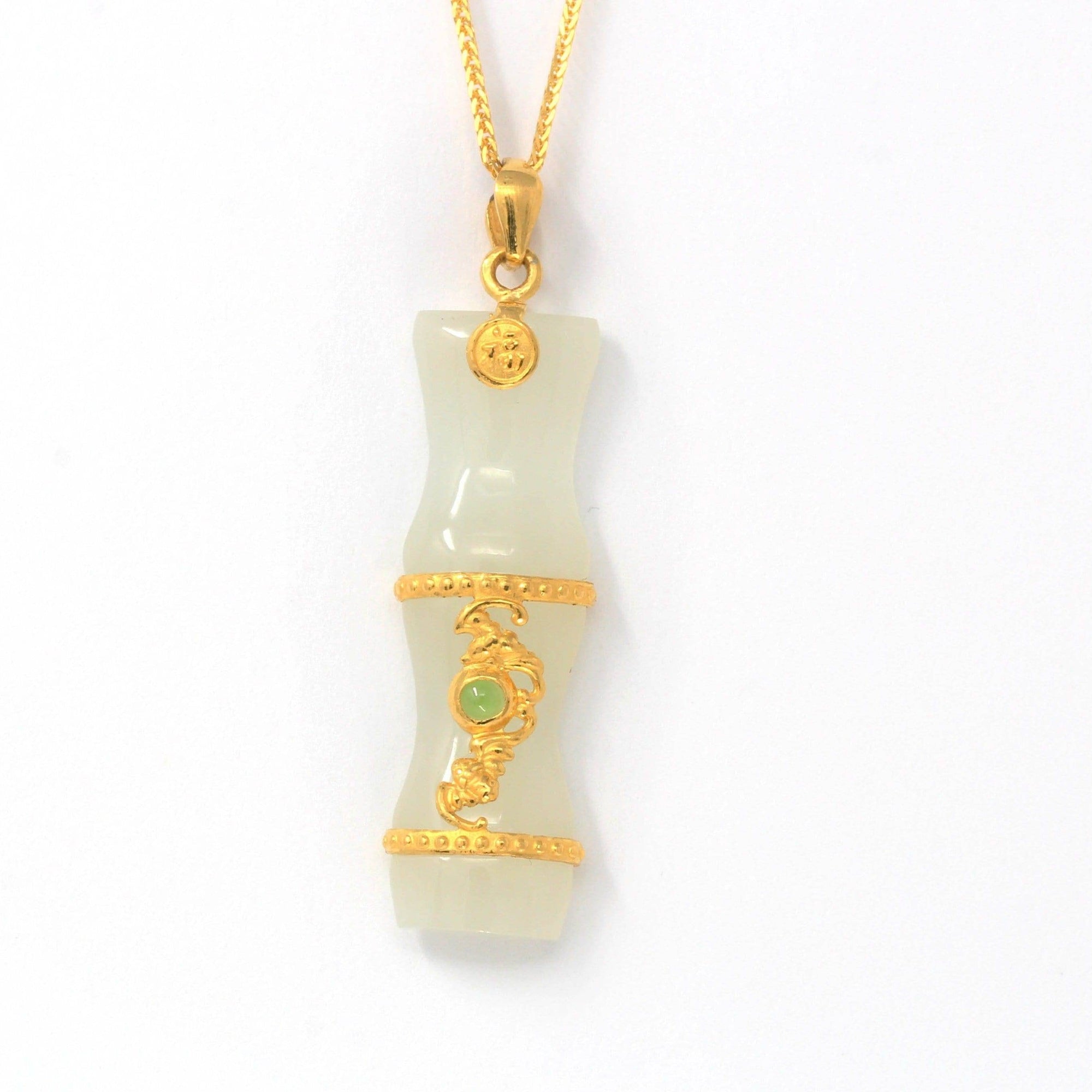 Baikalla Jewelry Gold Jade Necklace Pendant with 18k Yellow Gold Chain 24k Yellow Solid Gold Genuine Nephrite White &amp; Green Jade Bamboo Pendant Necklace