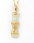 Baikalla Jewelry Gold Jade Necklace Pendant with 18k Yellow Gold Chain 24k Yellow Solid Gold Genuine Nephrite White & Green Jade Bamboo Pendant Necklace