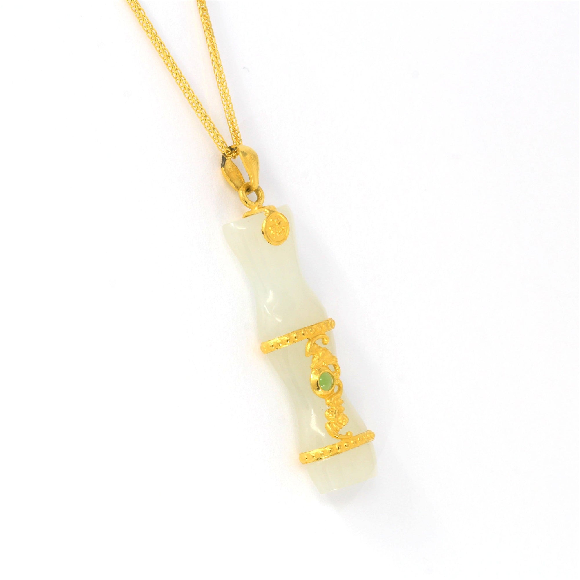 Baikalla Jewelry Gold Jade Necklace Pendant with 18k Yellow Gold Chain 24k Yellow Solid Gold Genuine Nephrite White & Green Jade Bamboo Pendant Necklace