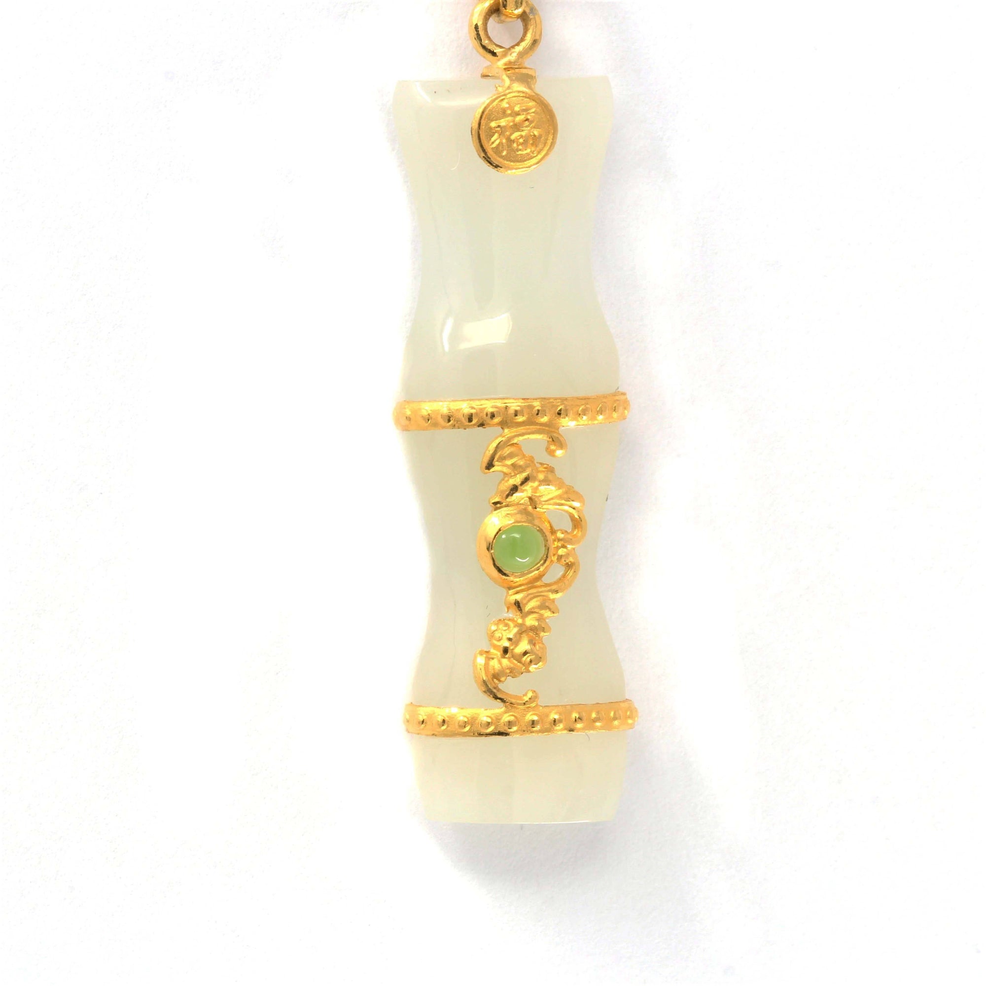 Baikalla Jewelry Gold Jade Necklace Pendant with 18k Yellow Gold Chain 24k Yellow Solid Gold Genuine Nephrite White &amp; Green Jade Bamboo Pendant Necklace