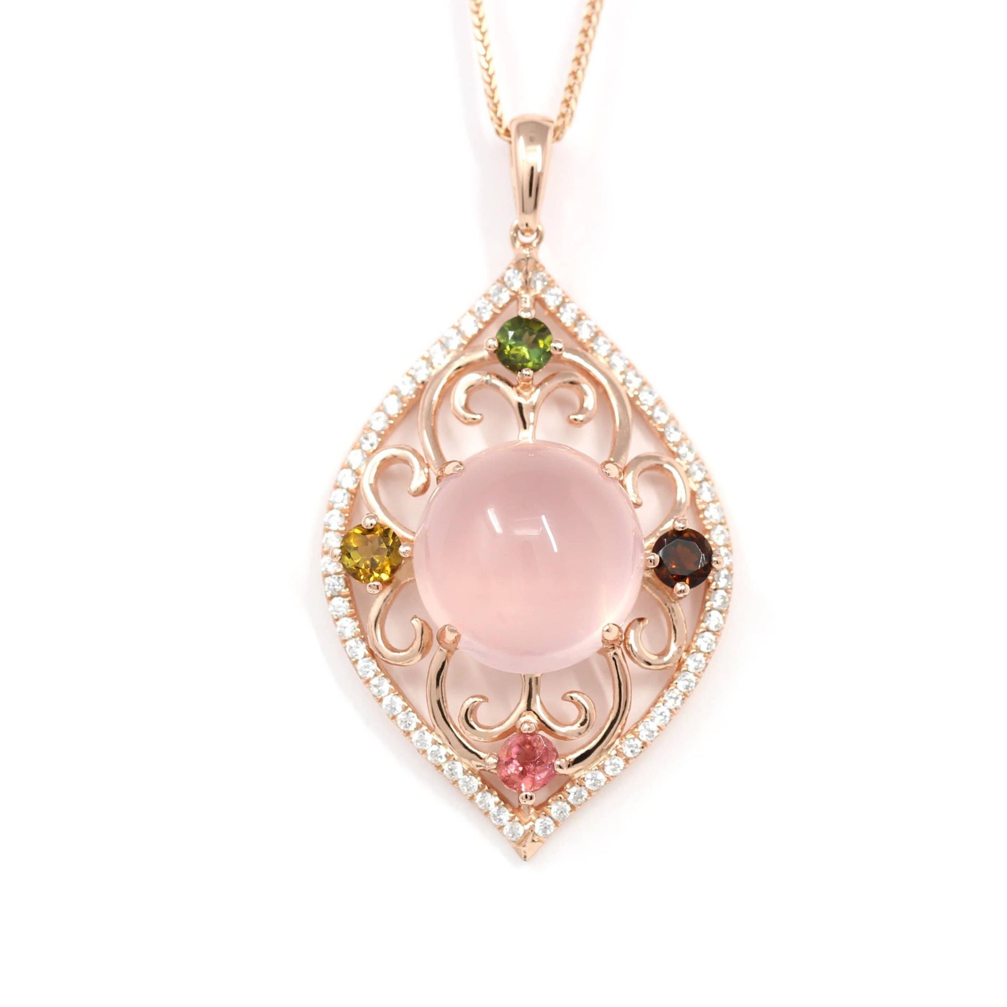 Baikalla Jewelry Silver Rose Quartz Necklace Sterling Silver Natural Cabochon Rose Quartz Tourmaline Necklace With CZ