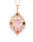 Baikalla Jewelry Silver Rose Quartz Necklace Sterling Silver Natural Cabochon Rose Quartz Tourmaline Necklace With CZ