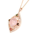 Baikalla Jewelry Silver Rose Quartz Necklace Sterling Silver Natural Cabochon Rose Quartz Tourmaline Necklace With CZ