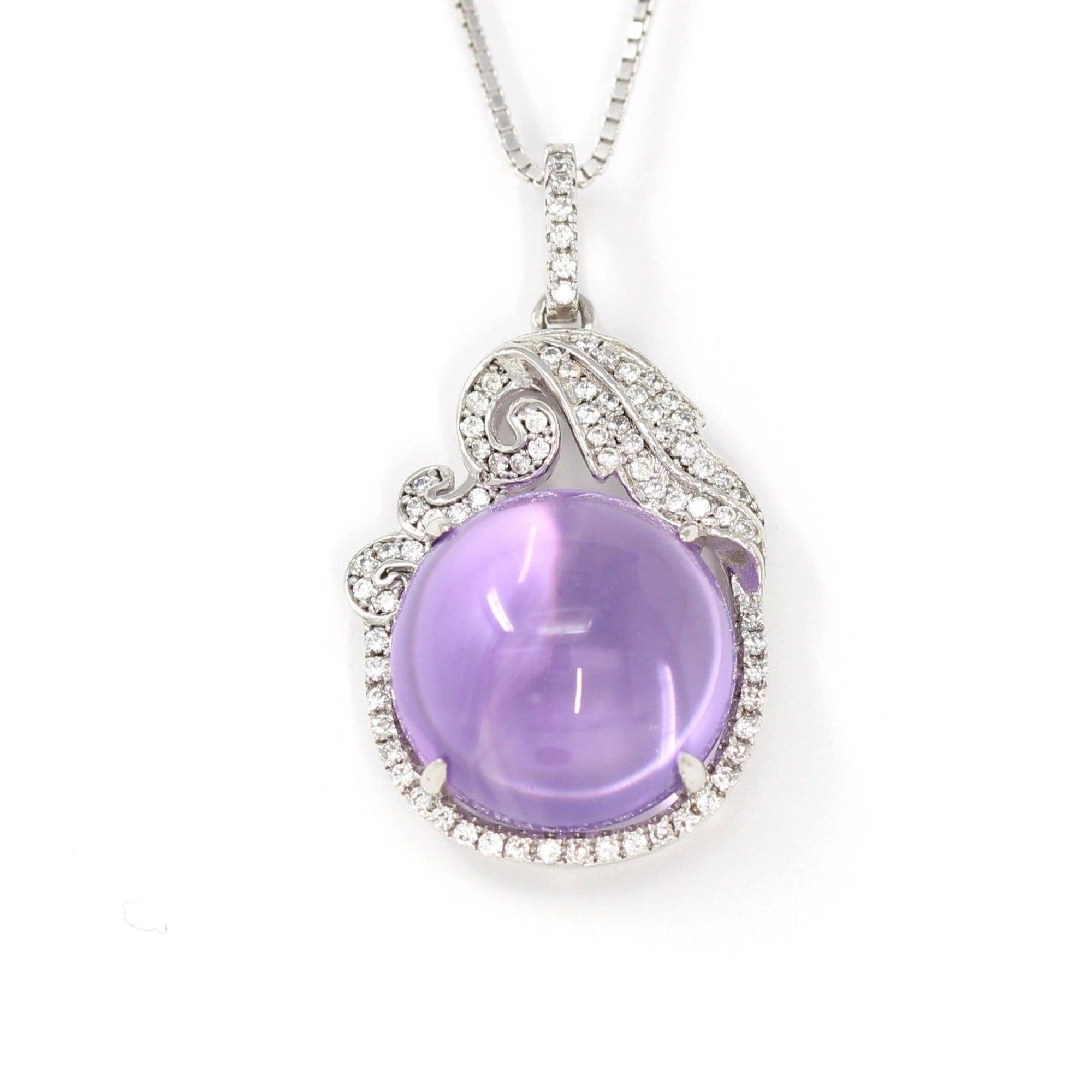 Baikalla Jewelry Silver Amethyst Necklace Sterling Silver Natural Cabochon Amethyst Necklace With CZ