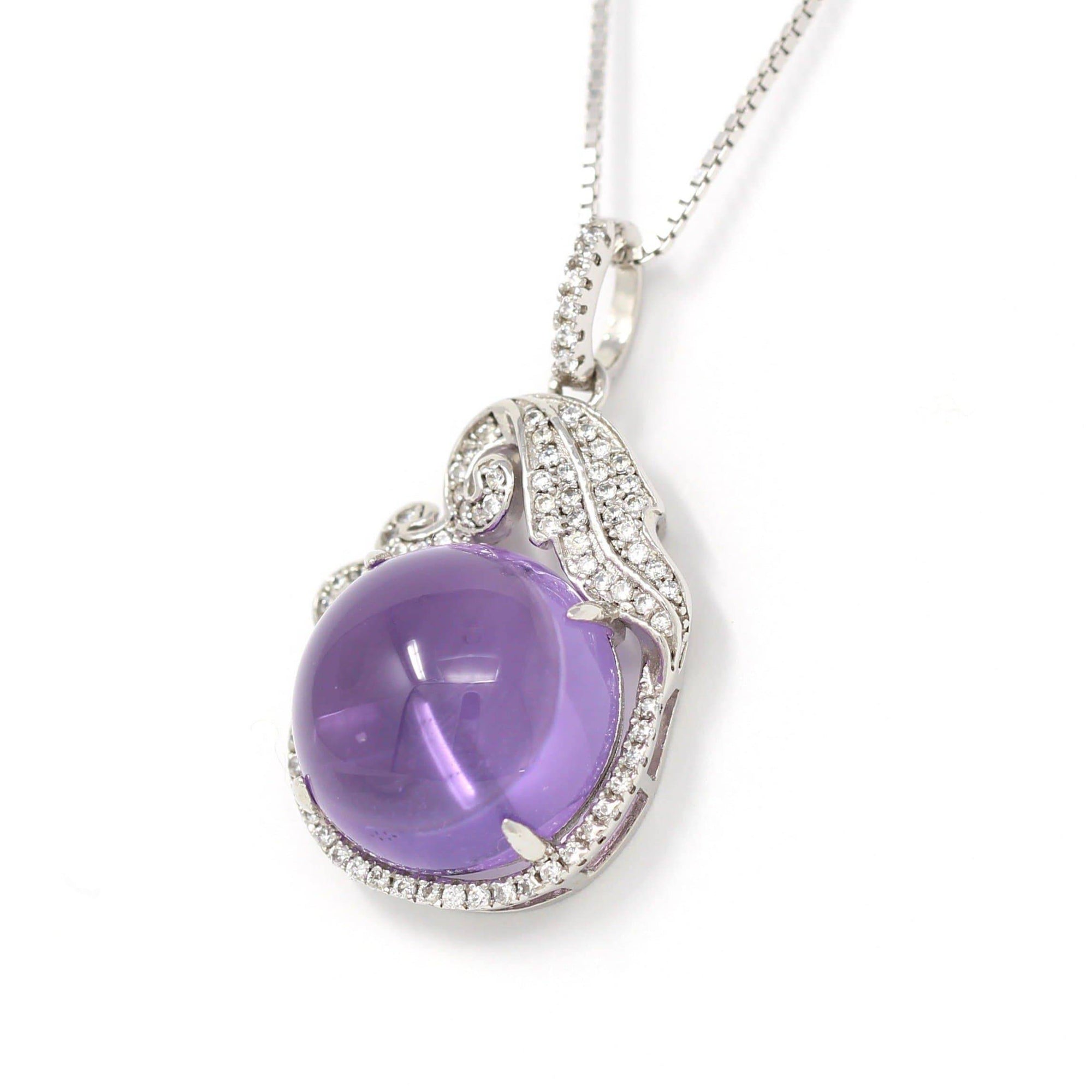 Baikalla Jewelry Silver Amethyst Necklace Sterling Silver Natural Cabochon Amethyst Necklace With CZ