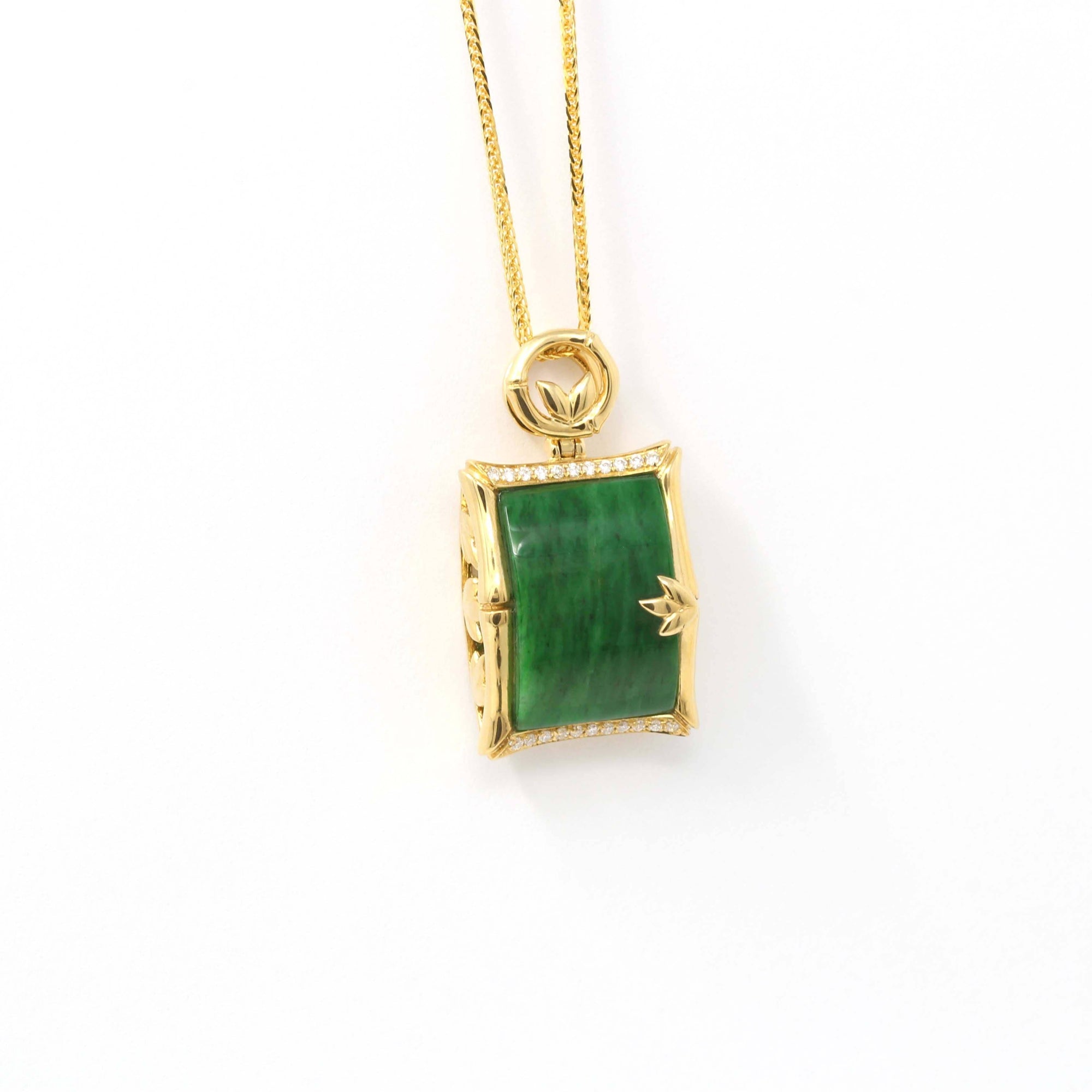 Baikalla Jewelry 18k Gold Jadeite Necklace 18k White Gold Genuine Burmese Jadeite Bamboo Pendant Necklace With Diamond