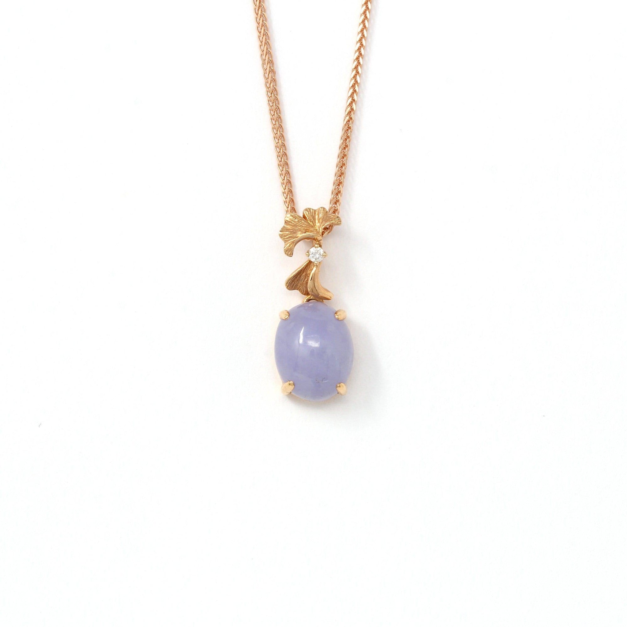 Baikalla Jewelry 18k Rose Gold Genuine Burmese Lavender Jadeite  Pendant Necklace With Diamond