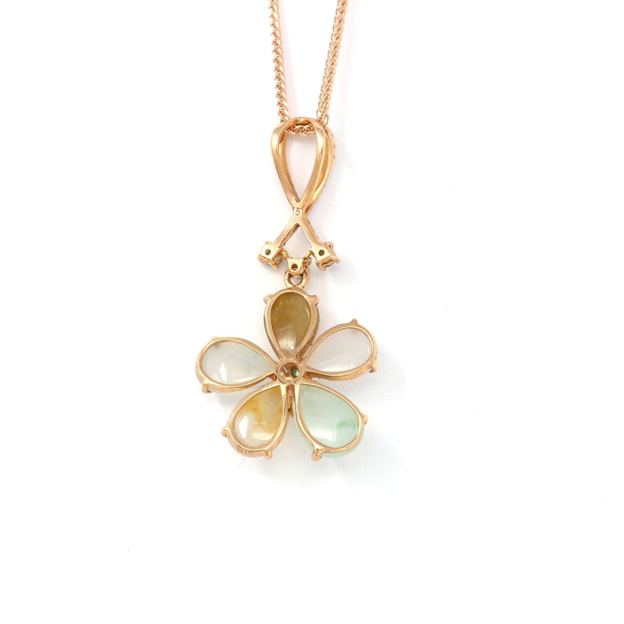 Baikalla Jewelry 18k Gold Jadeite Necklace 18k Rose Gold Genuine Mixed Color Burmese Jadeite Lucky Flower Necklace