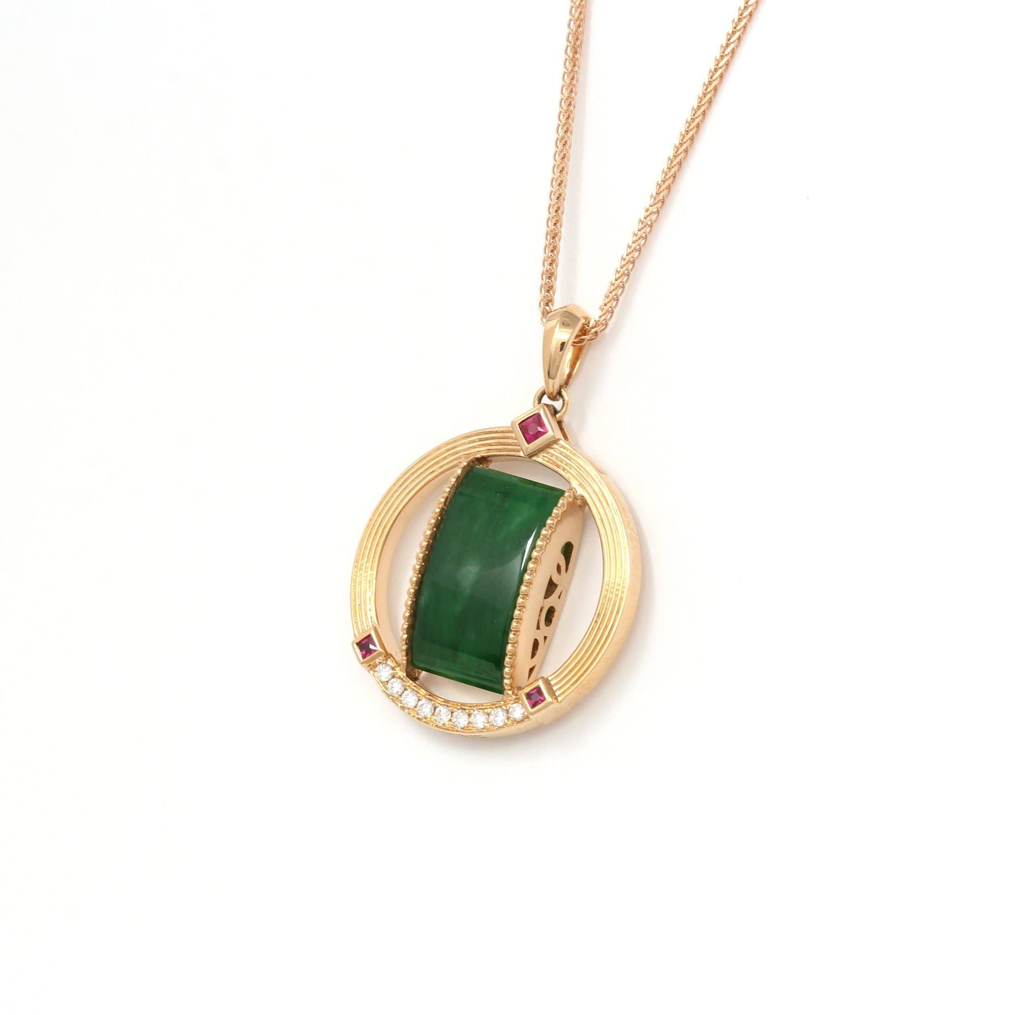 Baikalla Jewelry Gold Jadeite Necklace 18k Rose Gold Genuine Burmese Jadeite Pendant Necklace With Diamond &amp; Ruby