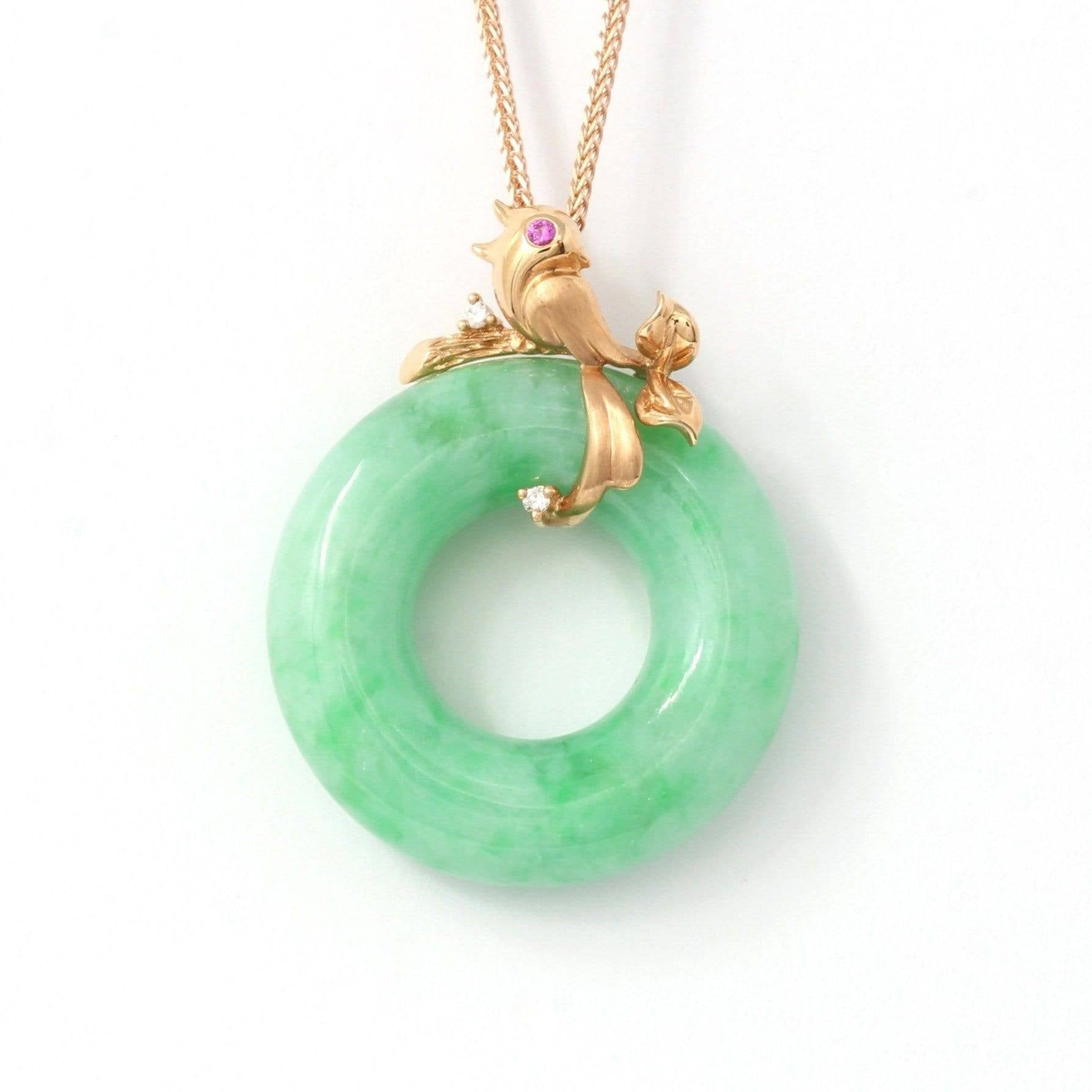 Baikalla Jewelry 18k Gold Jadeite Necklace Medium ( 29.8 * 22.4 *5.4 mm ) 18k Rose Gold Genuine Burmese Jadeite Lucky Pendant Necklace With AA Ruby