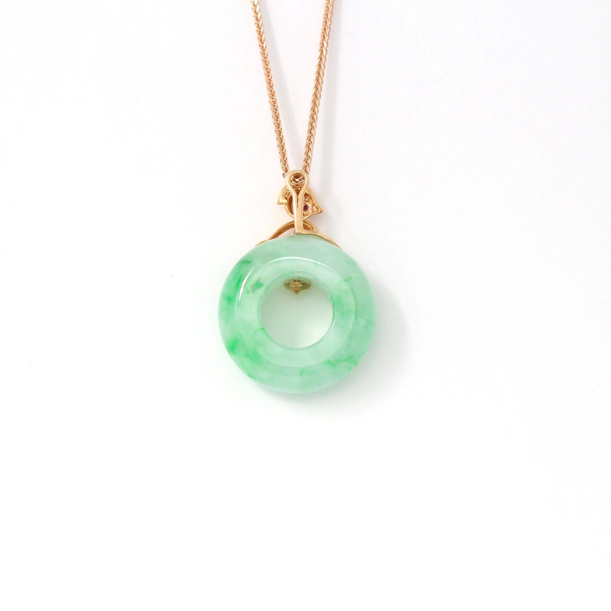 Baikalla Jewelry 18k Gold Jadeite Necklace 18k Rose Gold Genuine Burmese Jadeite Lucky Pendant Necklace With AA Ruby