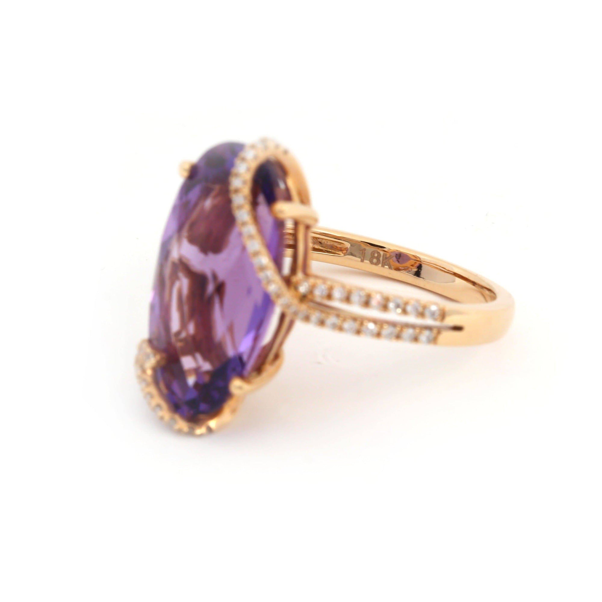 Baikalla Jewelry Gold Amethyst Ring 18k Rose Gold Genuine Oval Amethyst Ring with Diamonds Halo